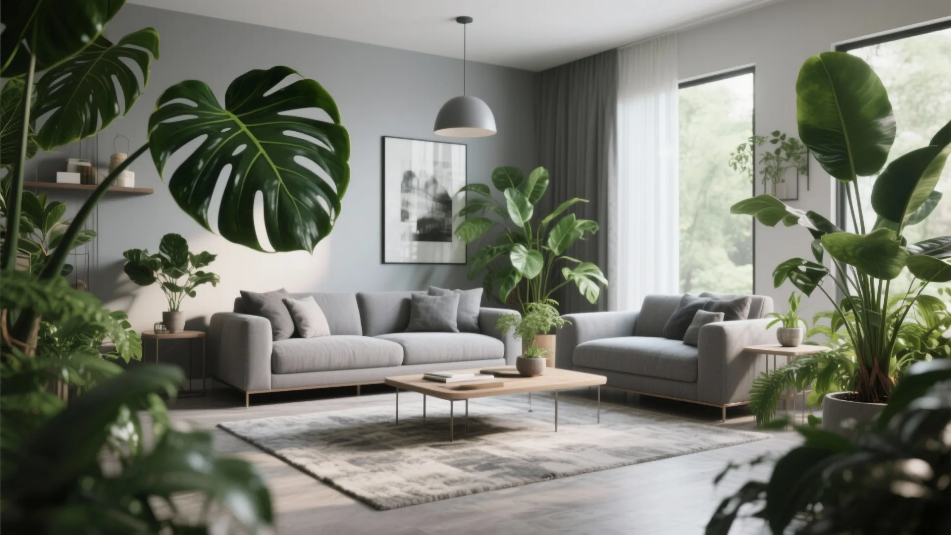 Modern grey living room with sofa coffee table rug many green plants and natural light