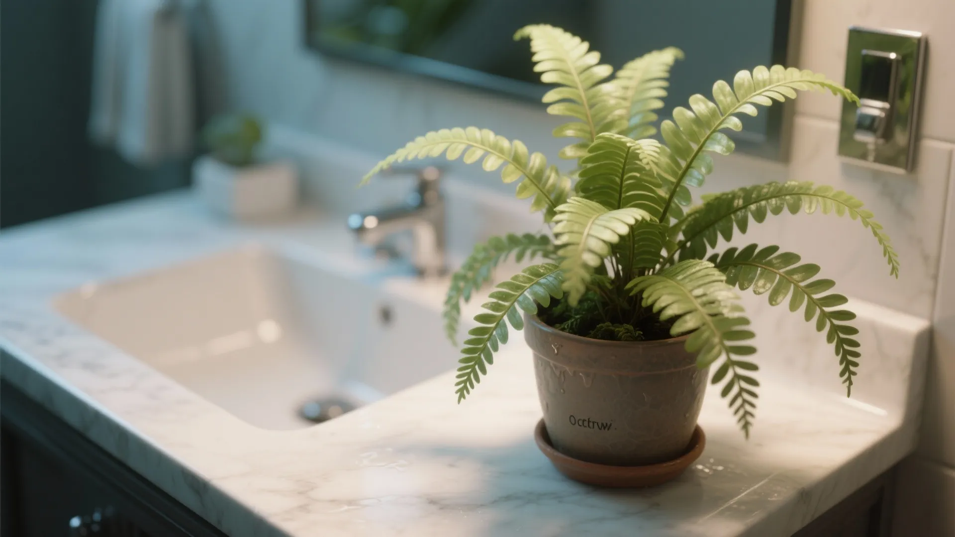 Small green fern plant in a ceramic pot on white marble bathroom vanity with water sink