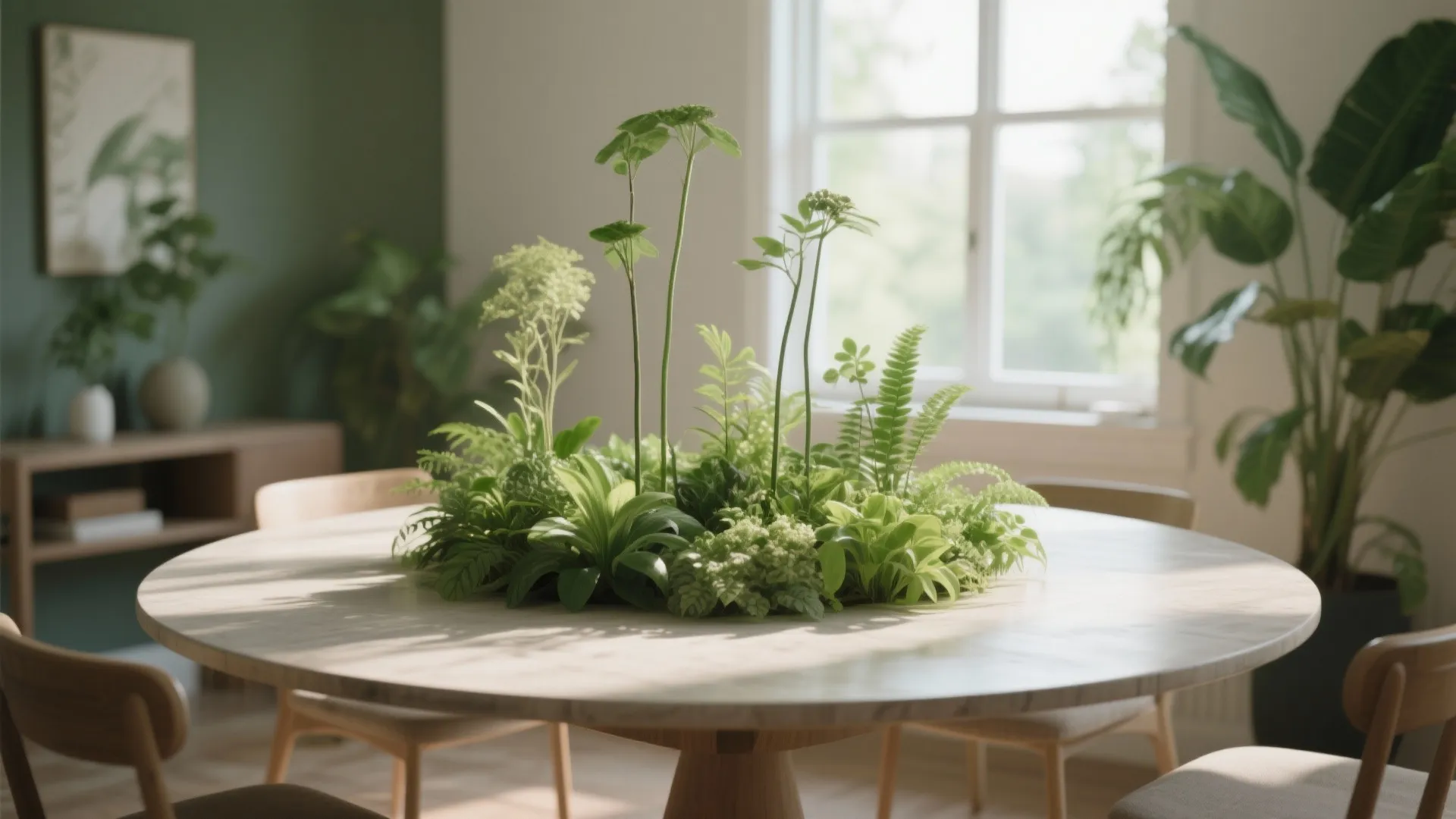 Round wooden dining table with green plants in center near window and light wood chairs