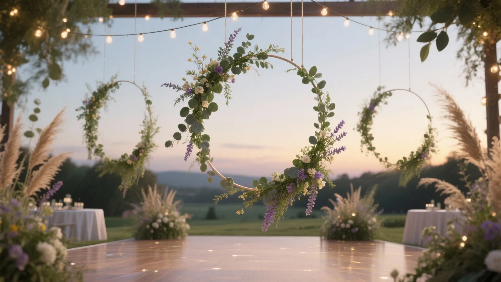 4. Greenery rings and hanging florals for vertical drama