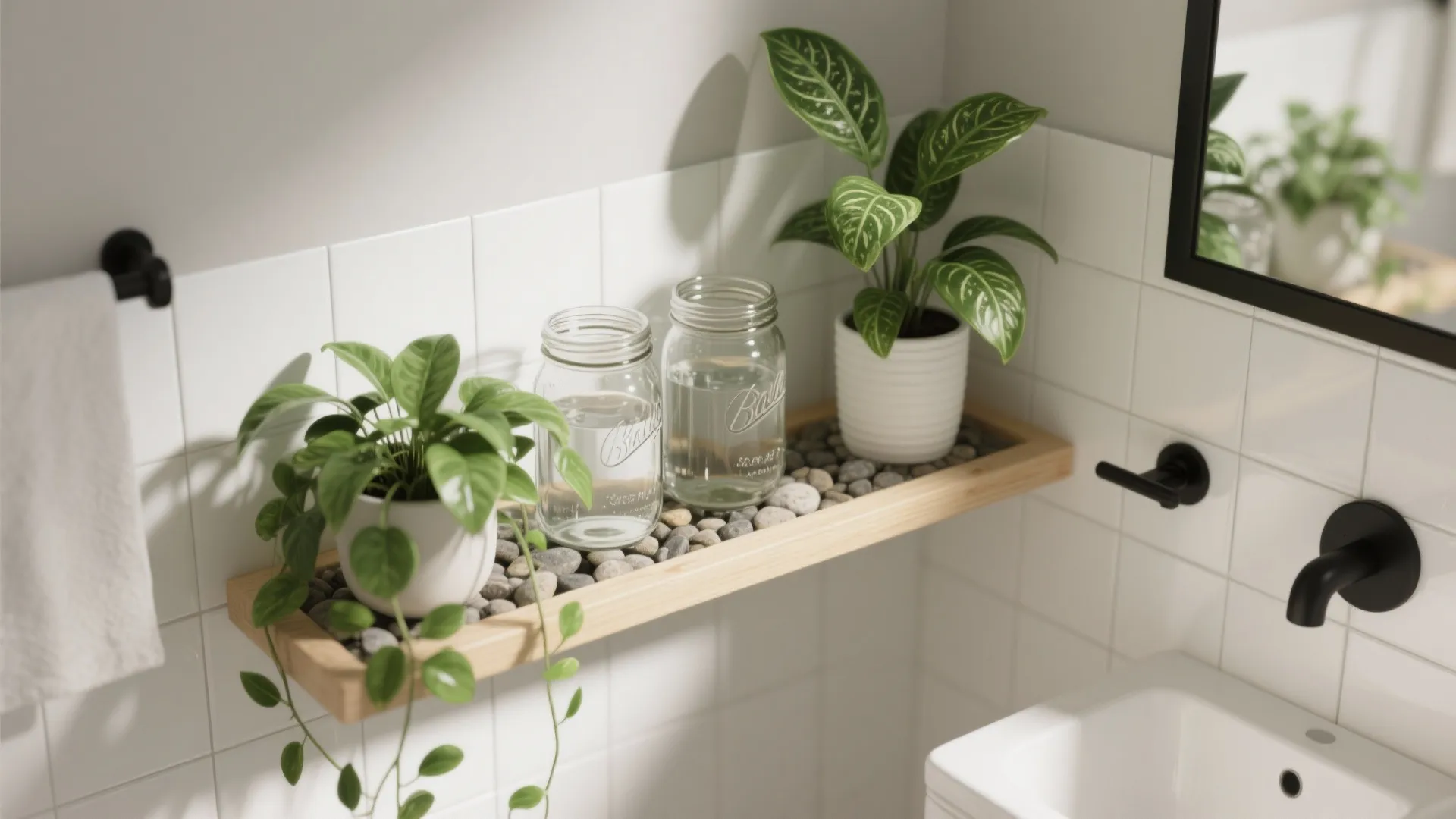 Wooden shelf in a bathroom holding green plants in white pots and clear glass jars