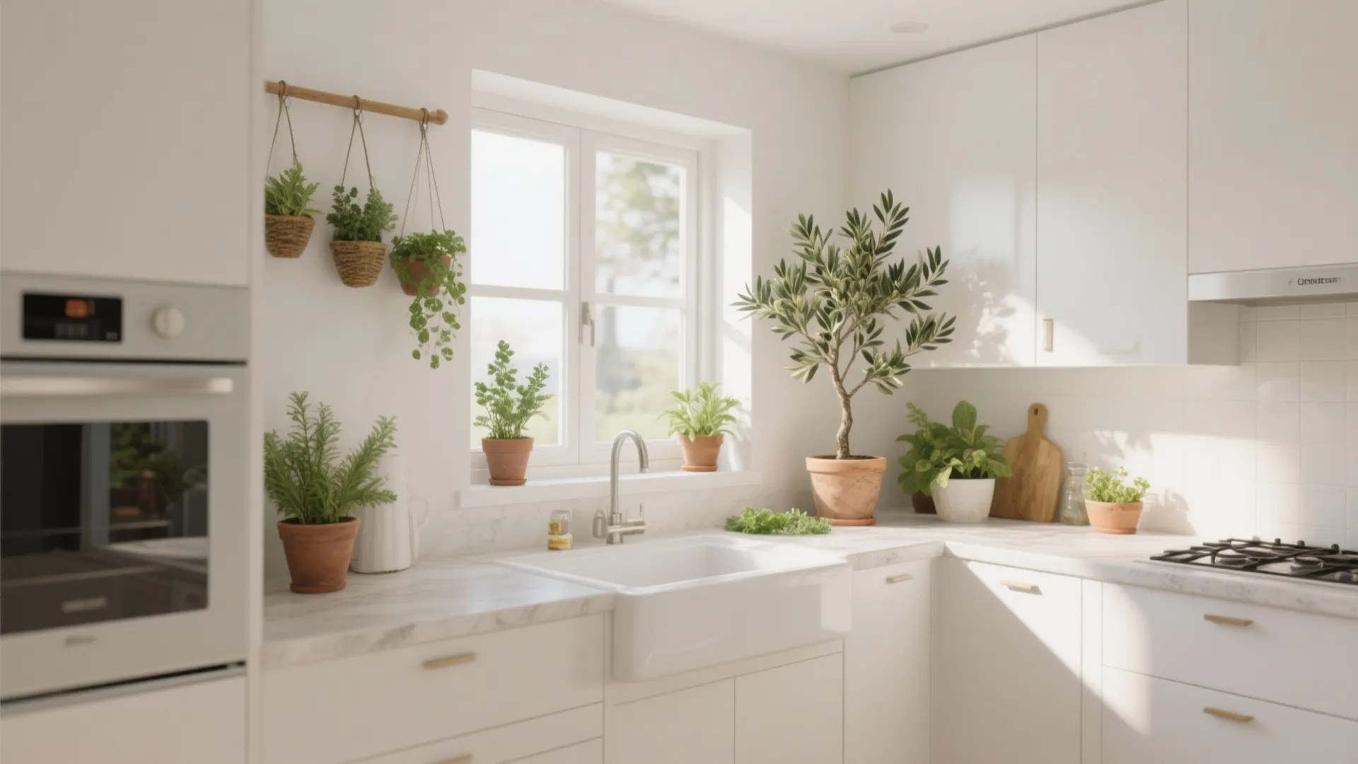 White kitchen with fresh potted herbs and plants