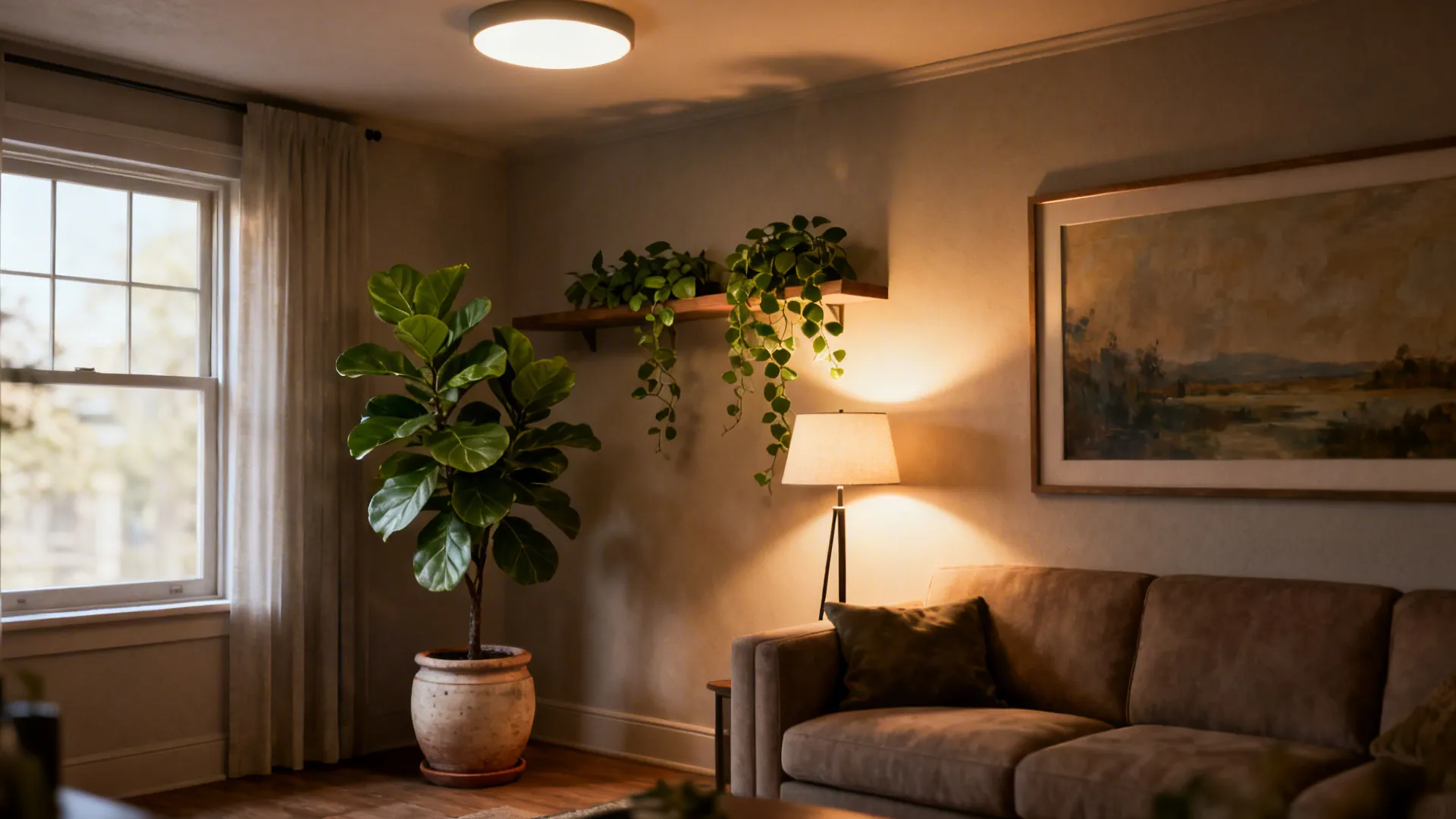 Living room corner with fiddle leaf fig, pothos, and layered ambient, task, and accent lighting