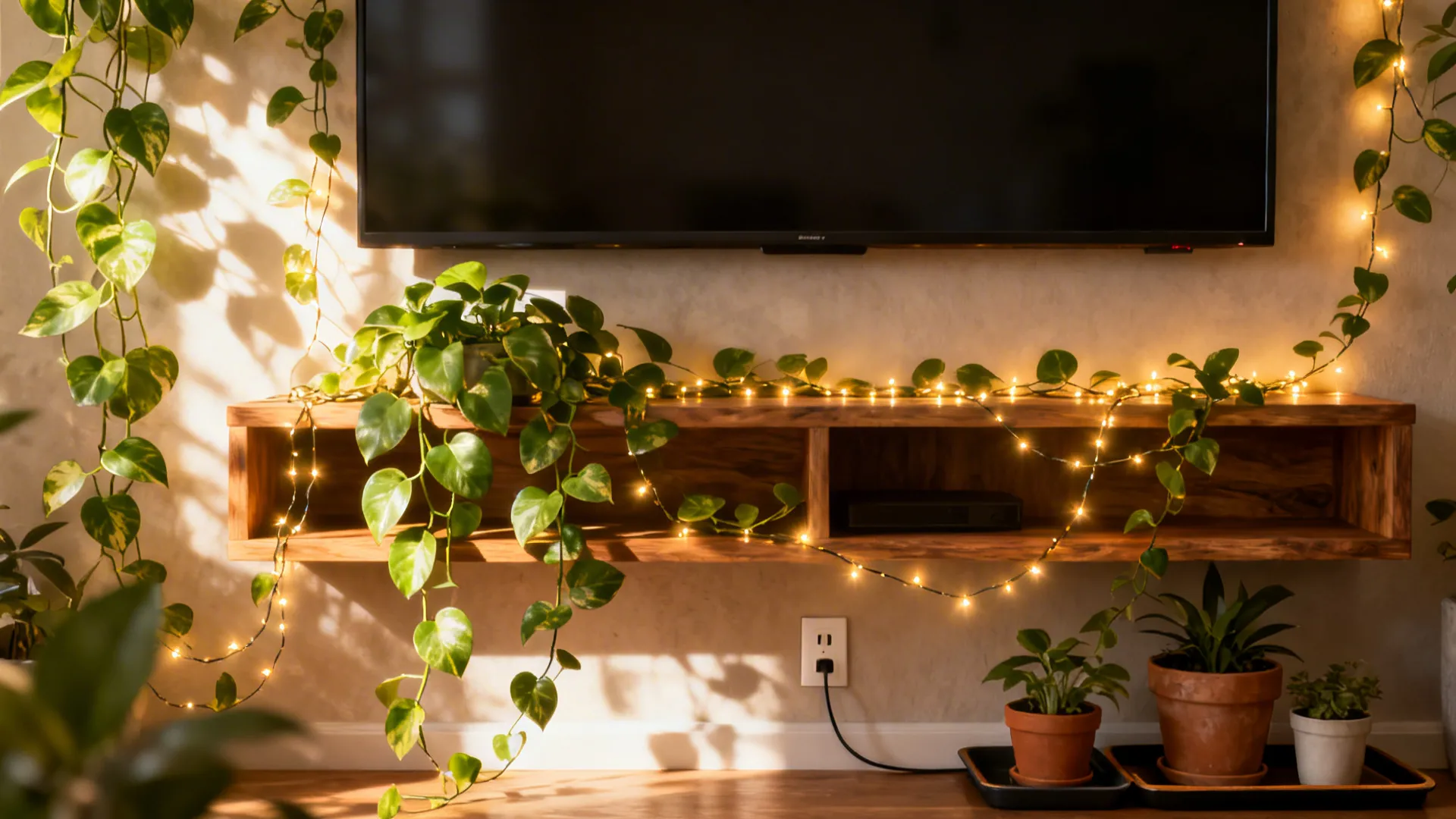 Media wall with pothos plant trails and warm LED string lights creating a biophilic display.