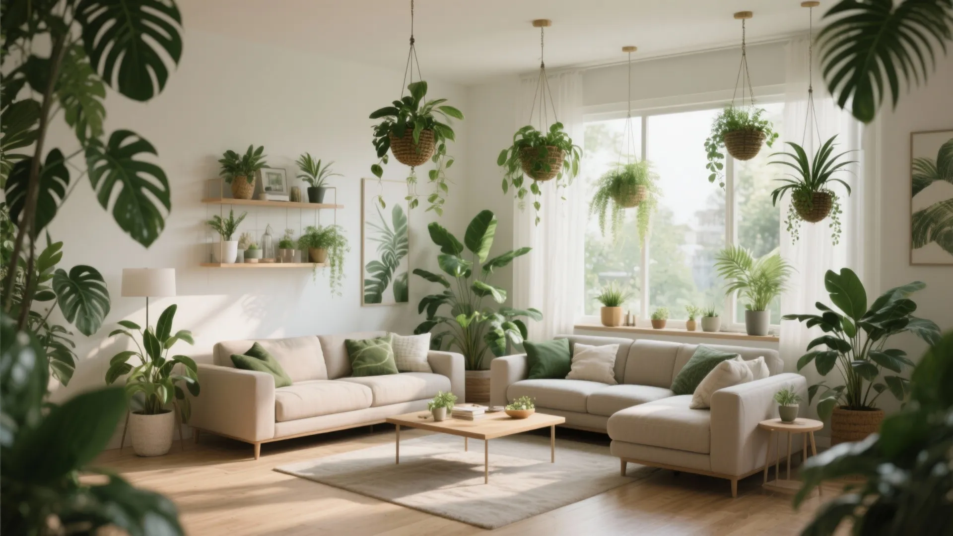 Bright living room with many hanging green plants, two sofas, coffee table, rug, and windows
