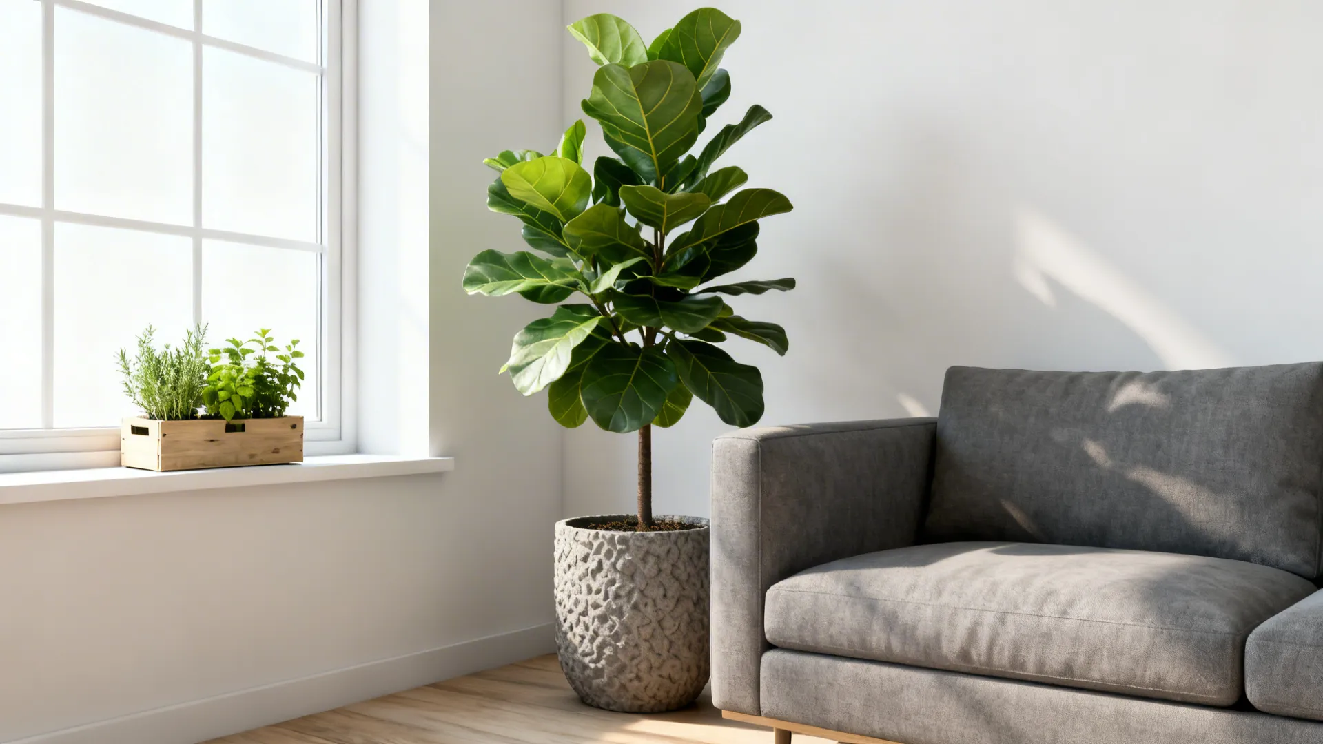 Gray sofa with a tall fiddle-leaf fig and a textured planter adding natural greenery