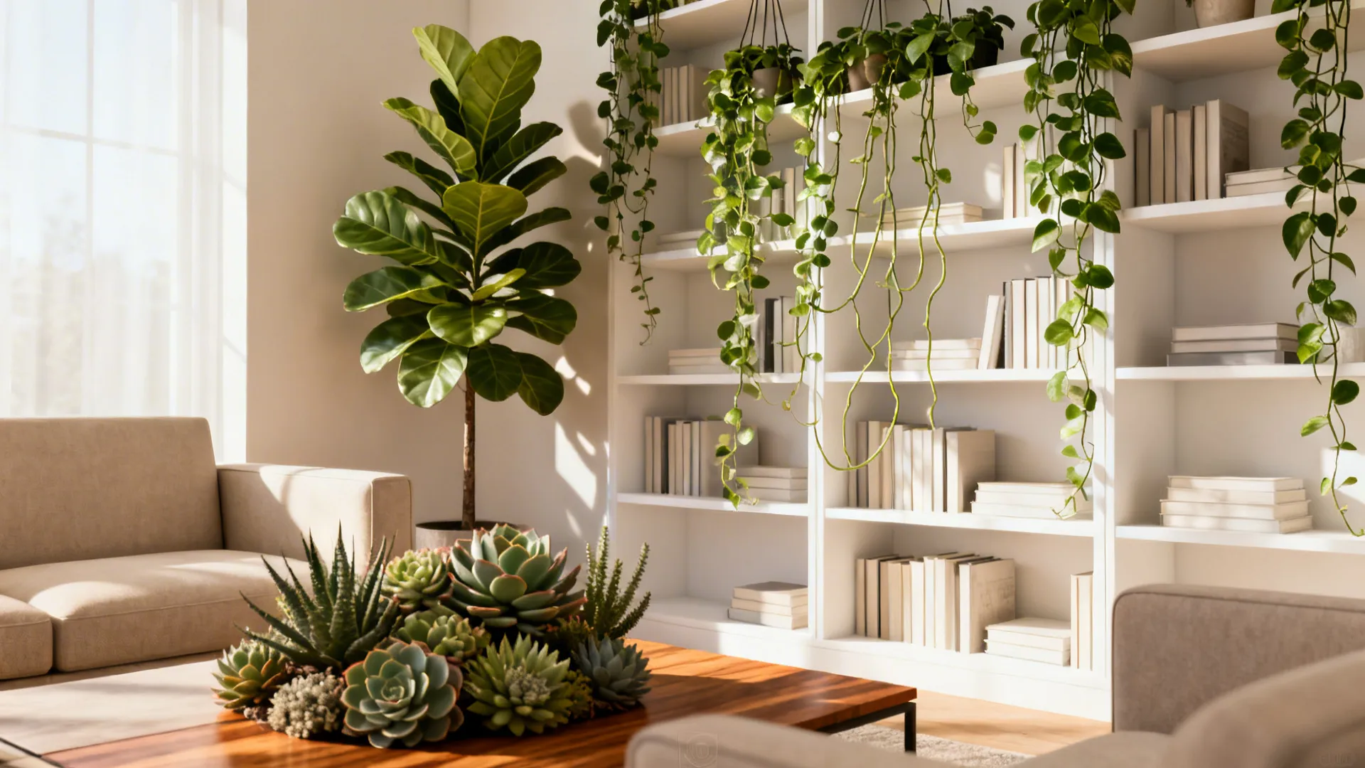Living room with sculptural plants: fiddle leaf fig, hanging pothos, and succulents