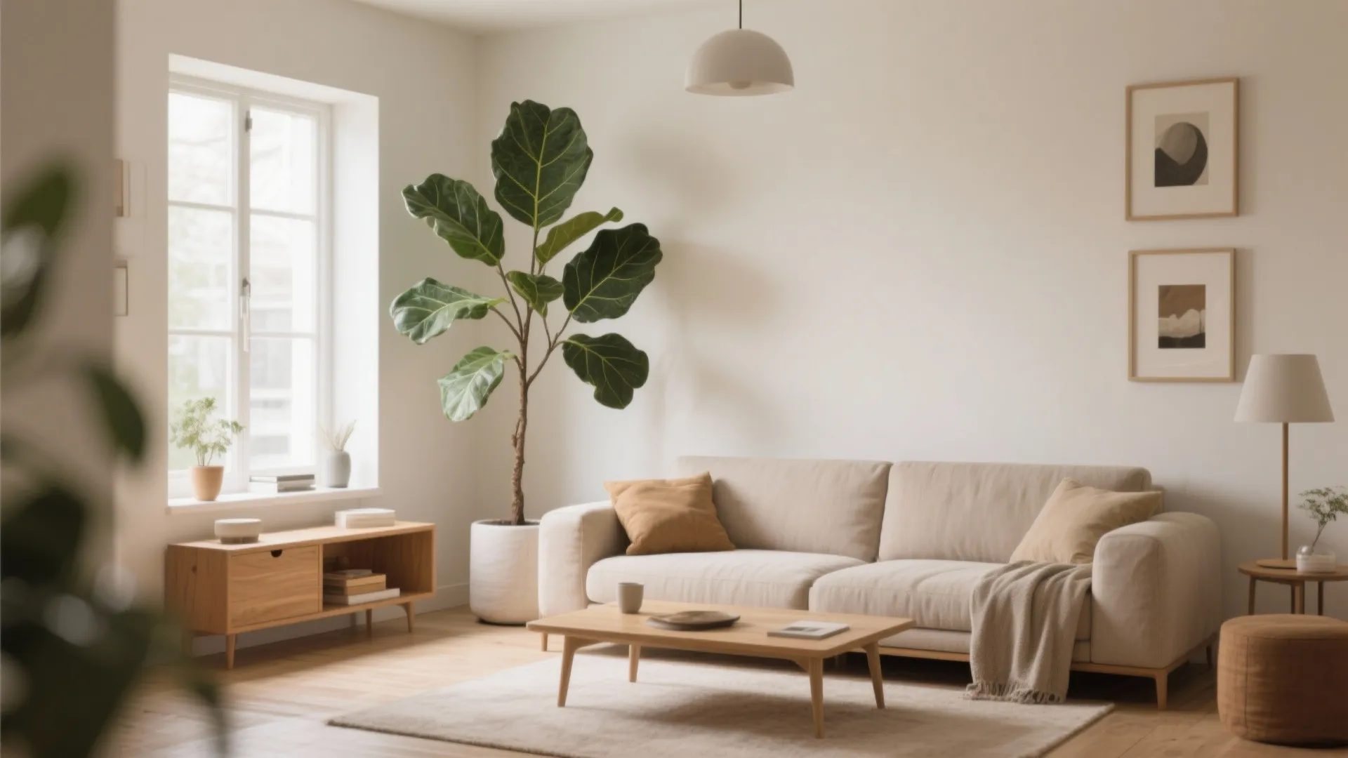 Modern living room with tall fiddle leaf fig plant as focal decor