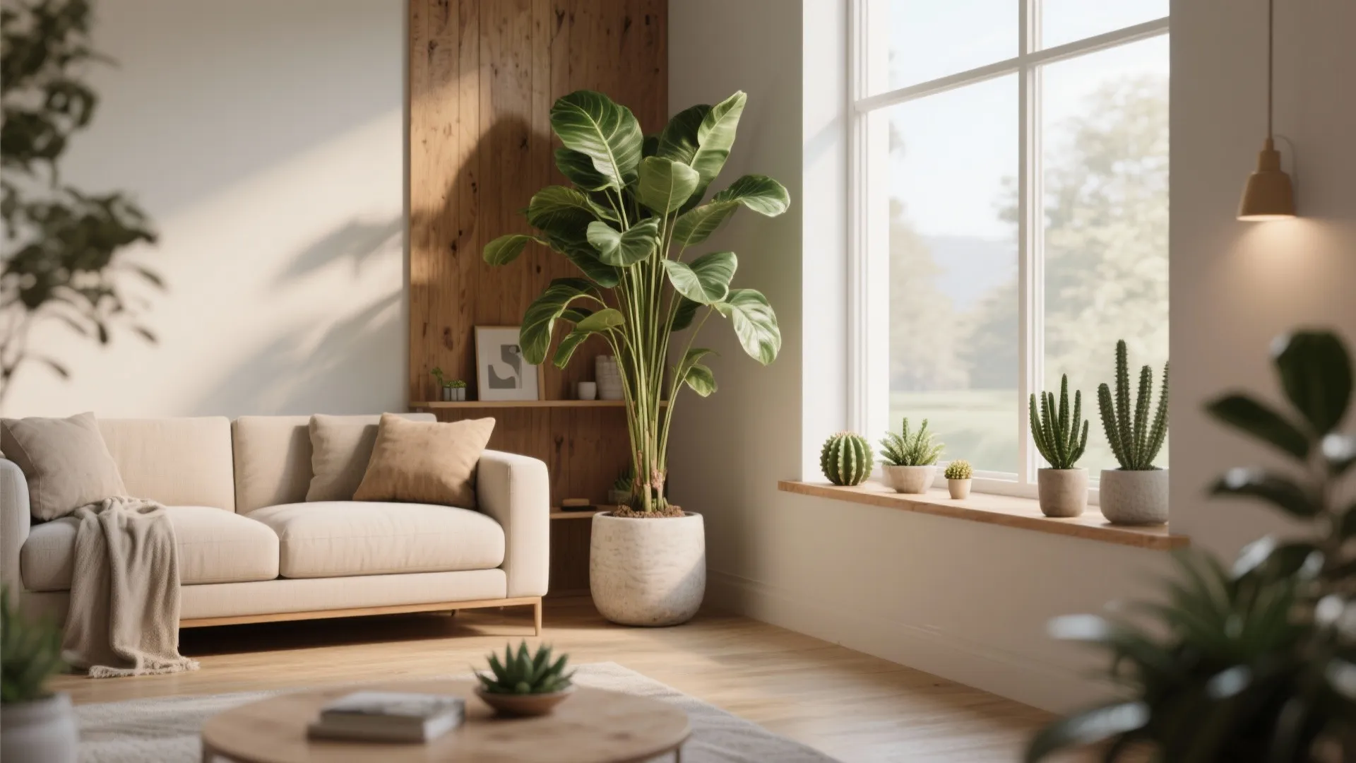 Living room with tall home plant and succulents