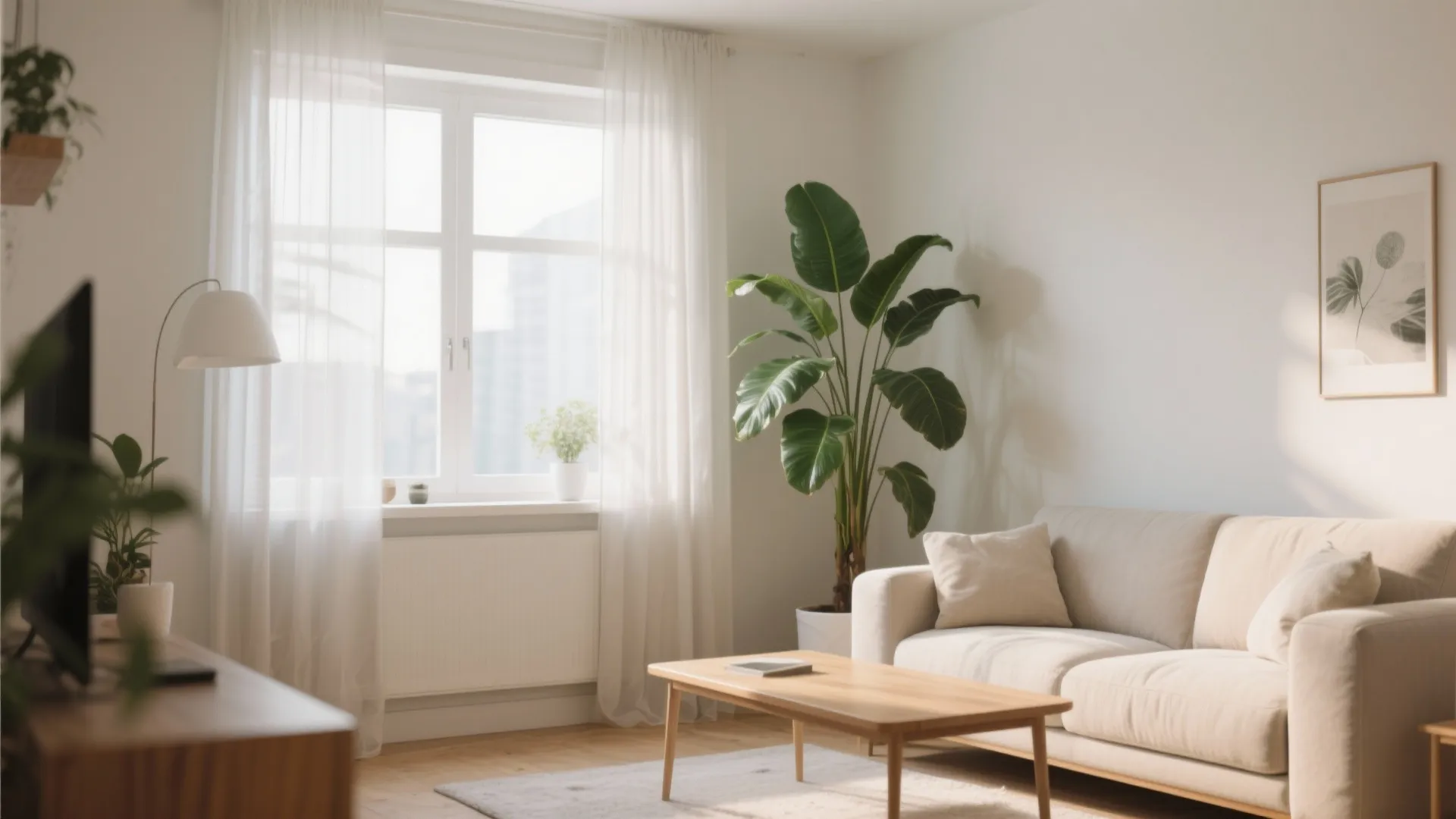 Bright living room with white sofa wooden coffee table large green plant and natural light