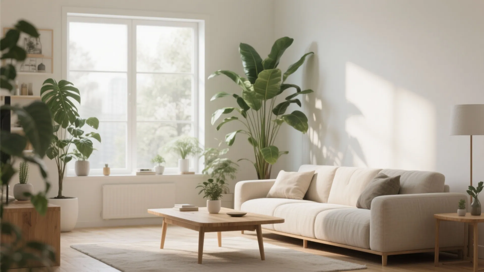 Bright living room with white sofa wooden coffee table large green plants and natural window light