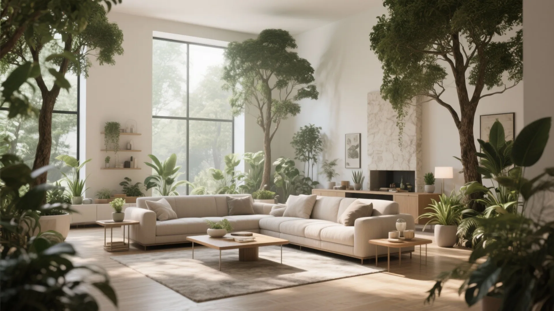Bright indoor living room filled with many green plants tall trees white sofas and wooden floors