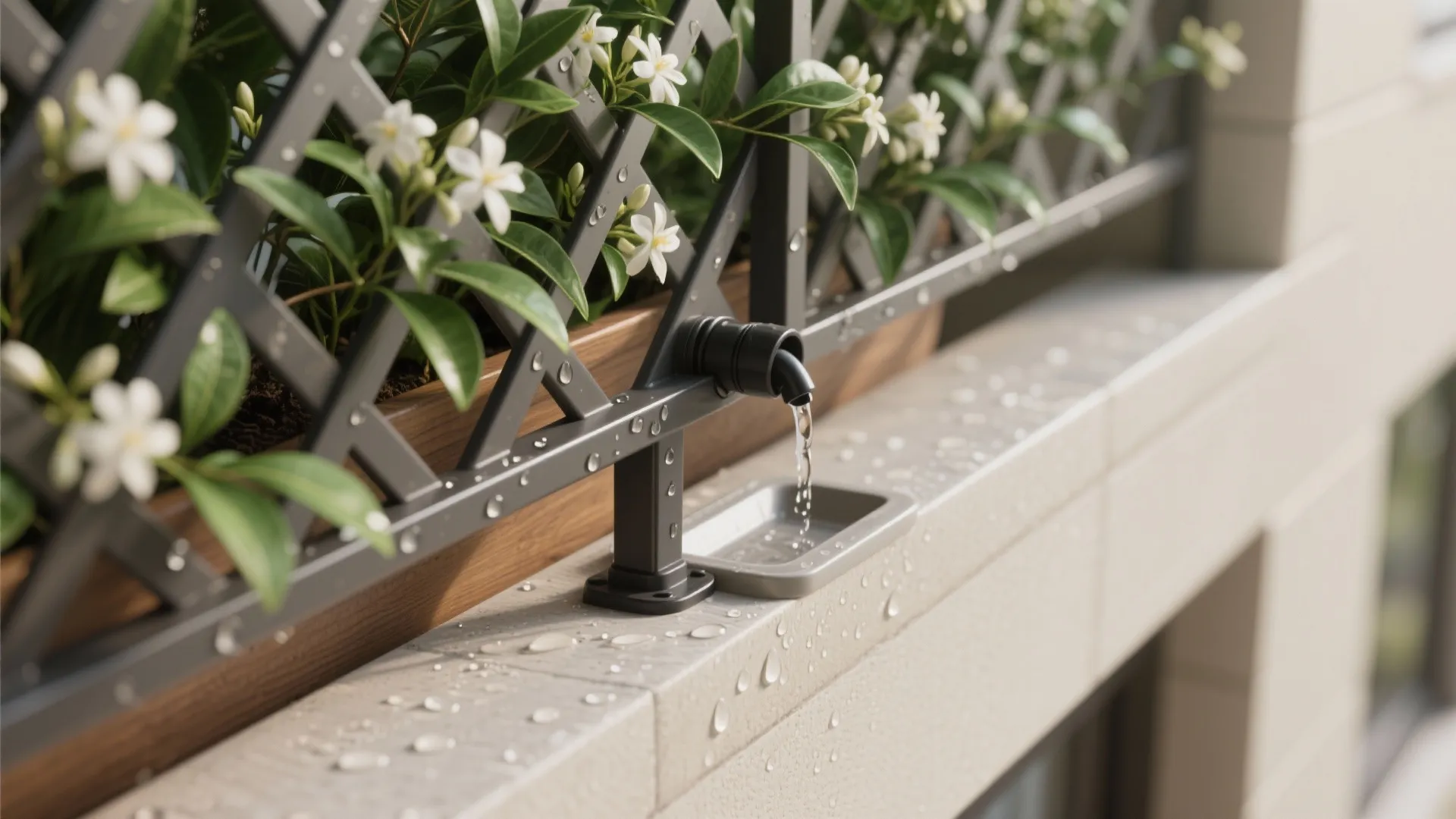 Close up of a small water pipe dripping into a tray near green garden plants