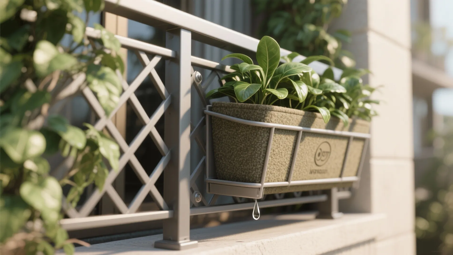 Metal balcony railing with a hanging plant box filled with green leaves in bright sunlight