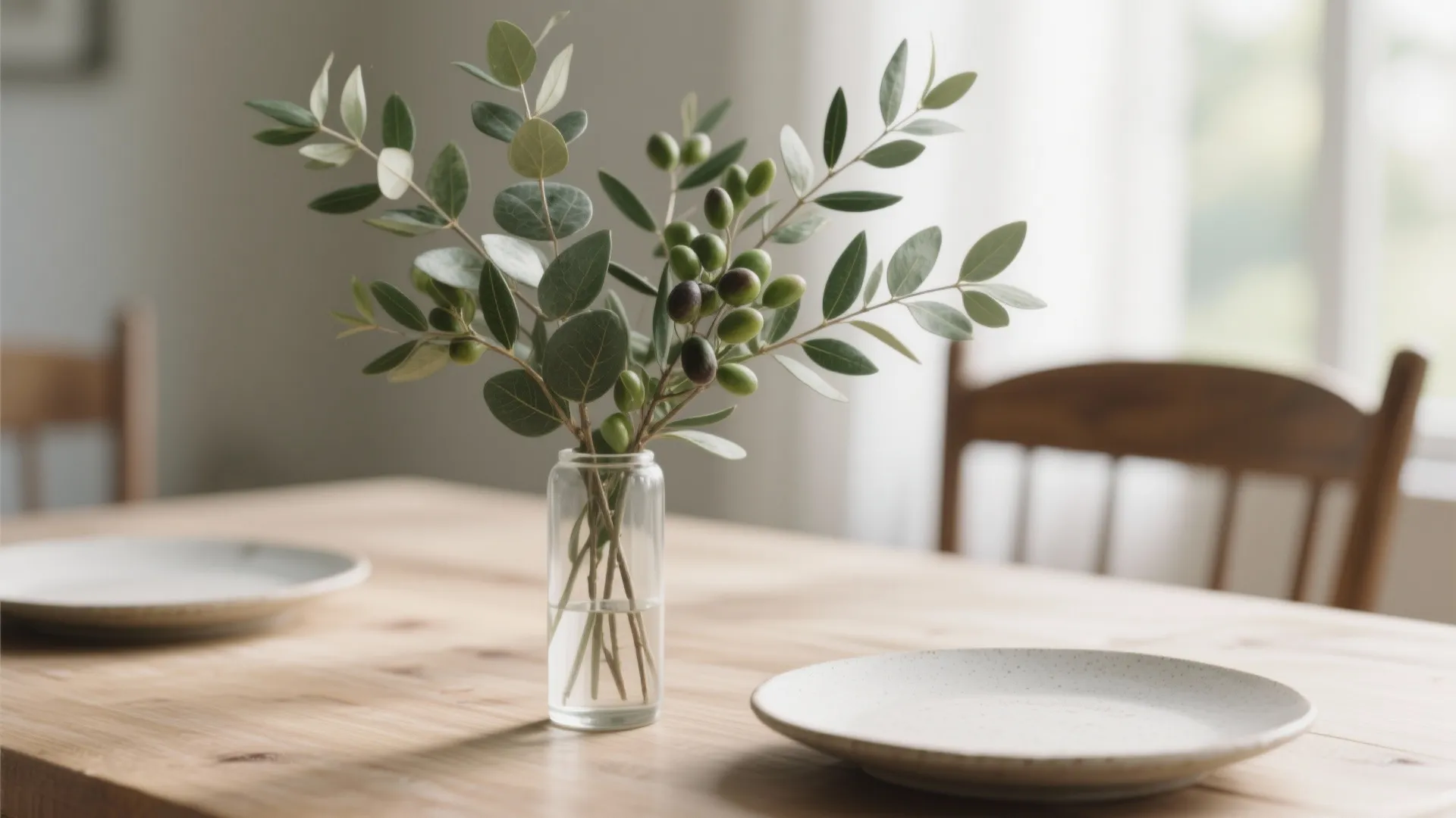 Olive branches in glass vase on wooden dining table with plates and wooden chairs behind