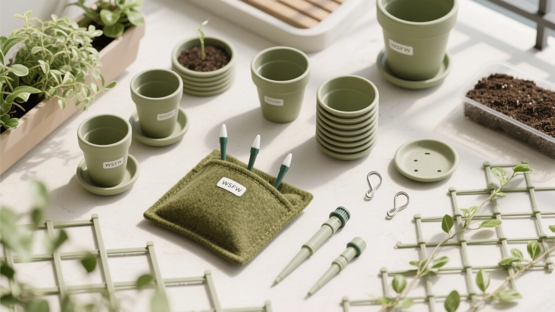 Flatlay of vertical garden materials for a small balcony, including felt pockets and irrigation spikes.