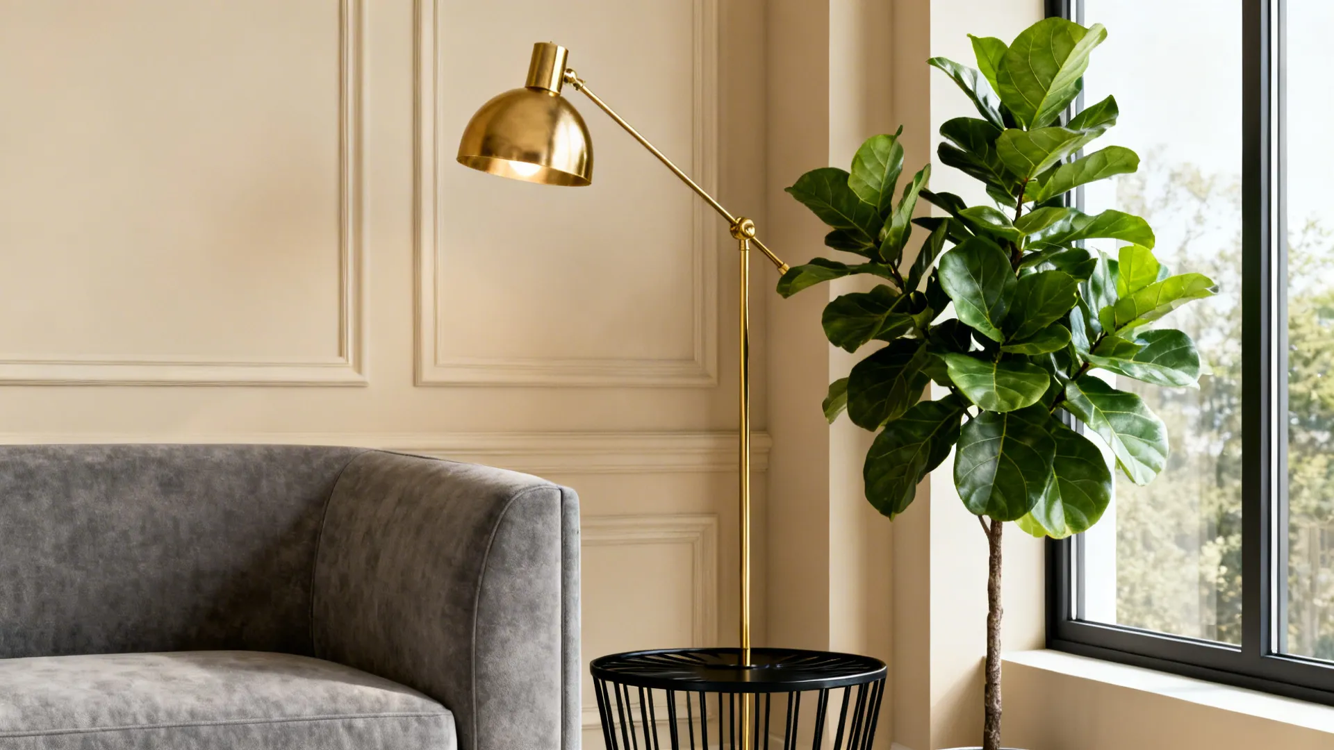 Grey-beige living room with a tall fiddle leaf fig and brass lighting adding contrast and warmth.