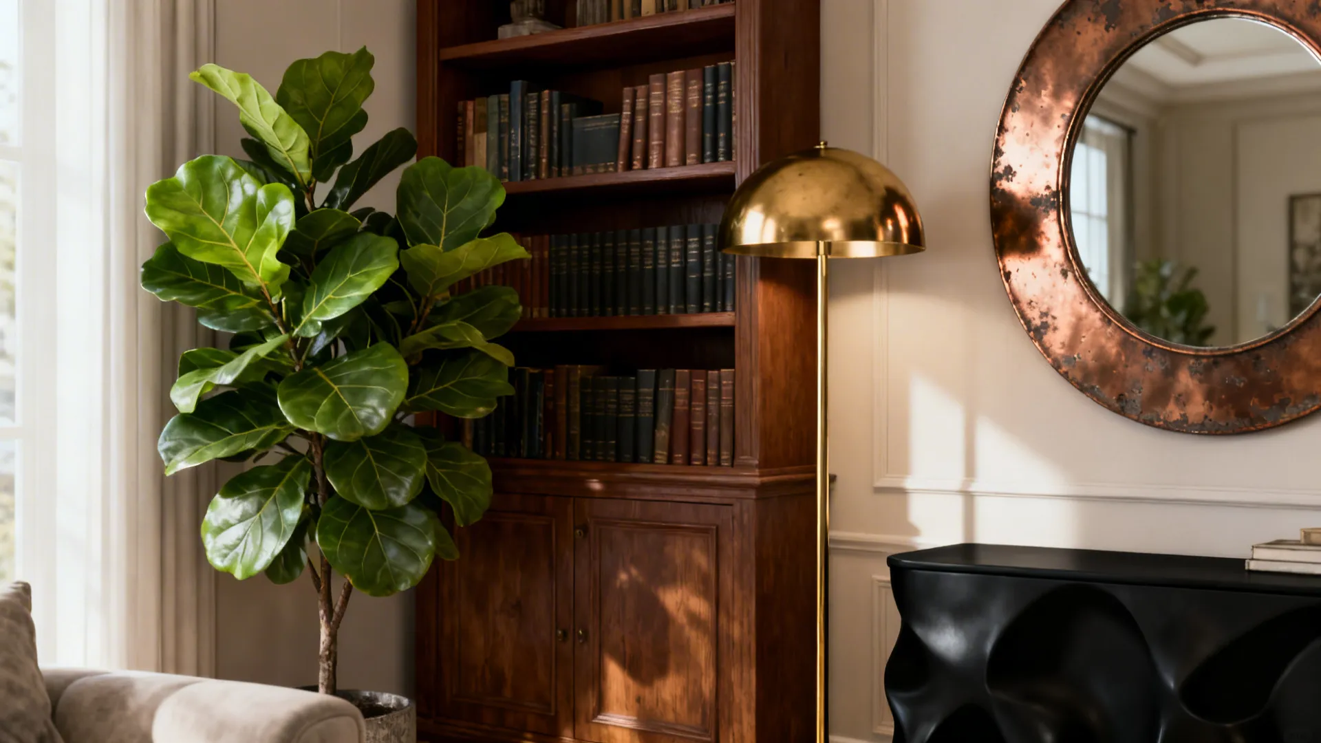 Fiddle leaf fig next to a brown bookcase with brass and bronze accents in a warm living room corner.