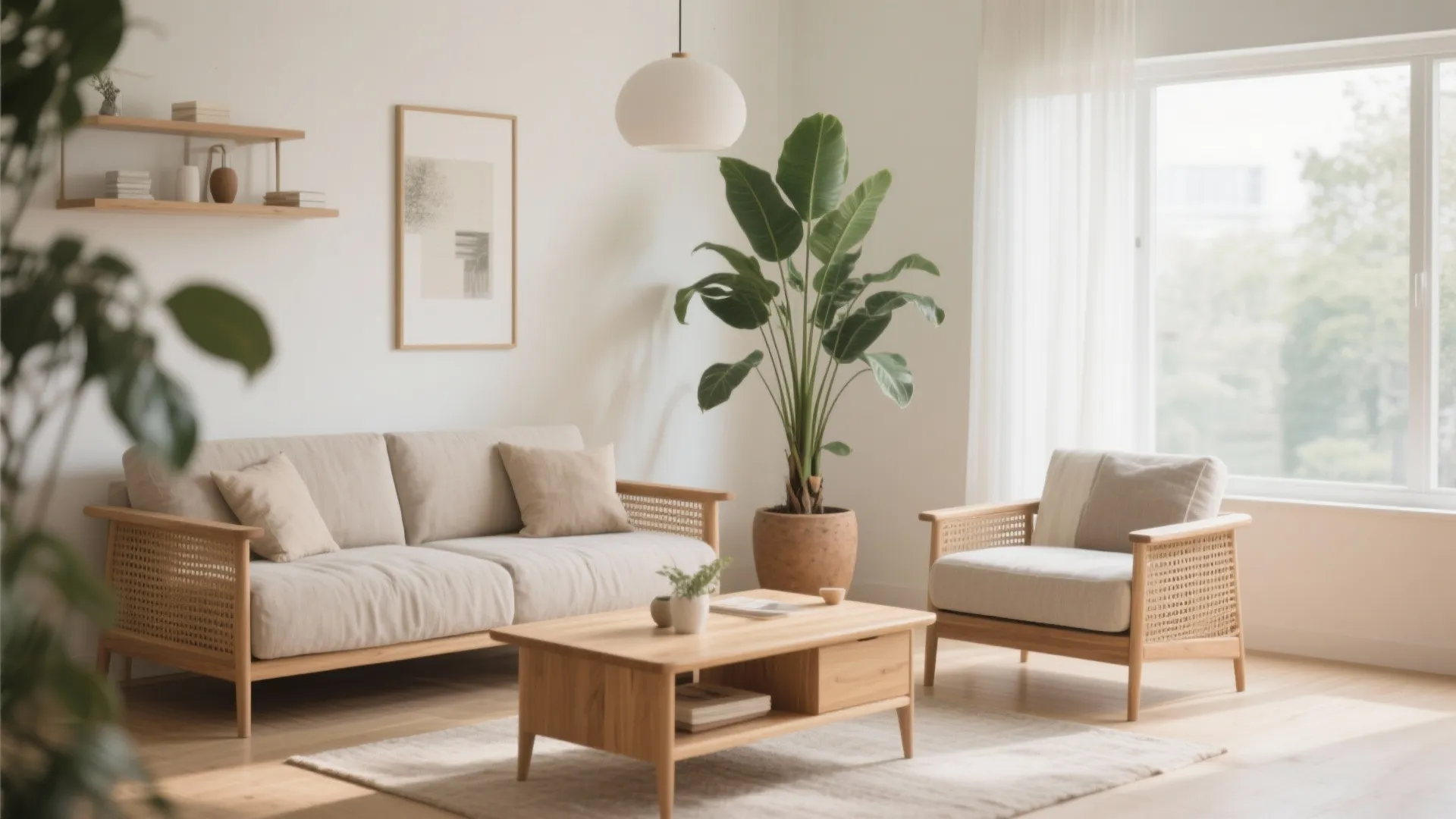 Bright minimalist living room featuring a wooden sofa white armchair green plant and coffee table