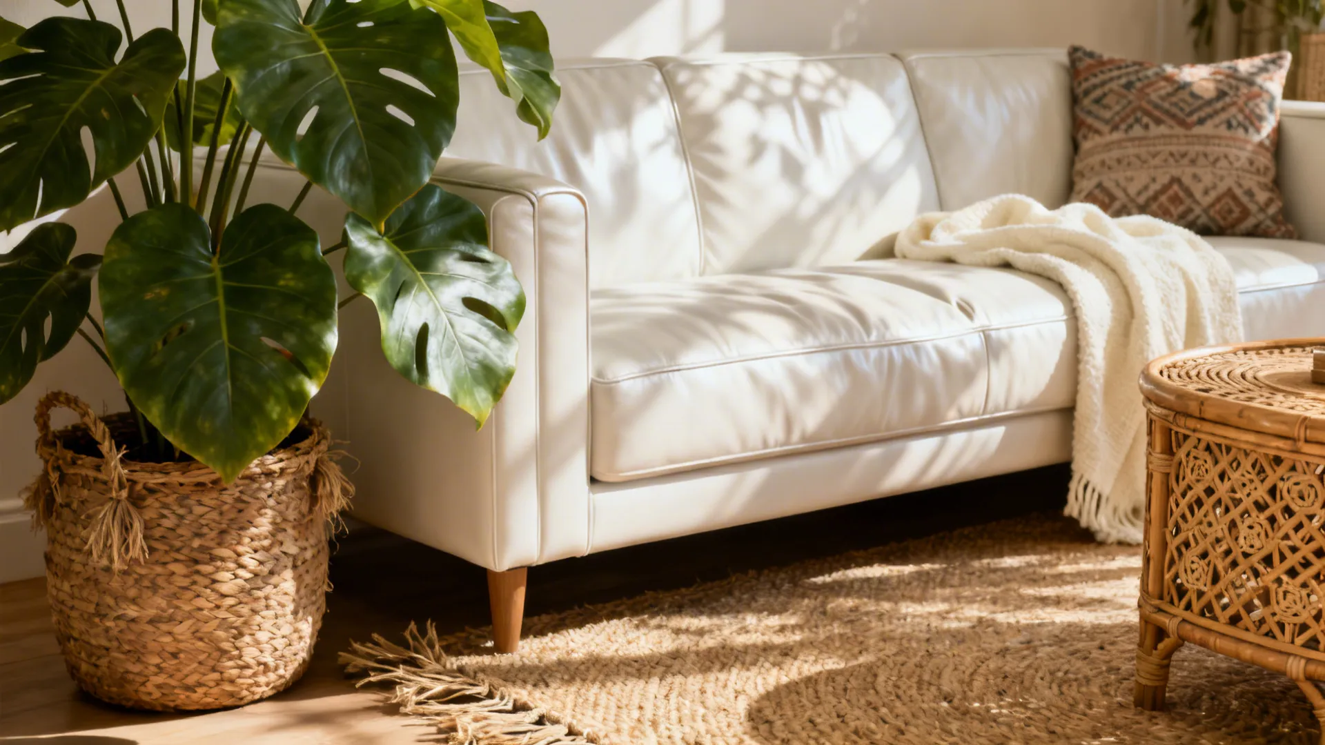 White leather sofa with fiddle-leaf fig, rattan side table and jute rug for natural warmth