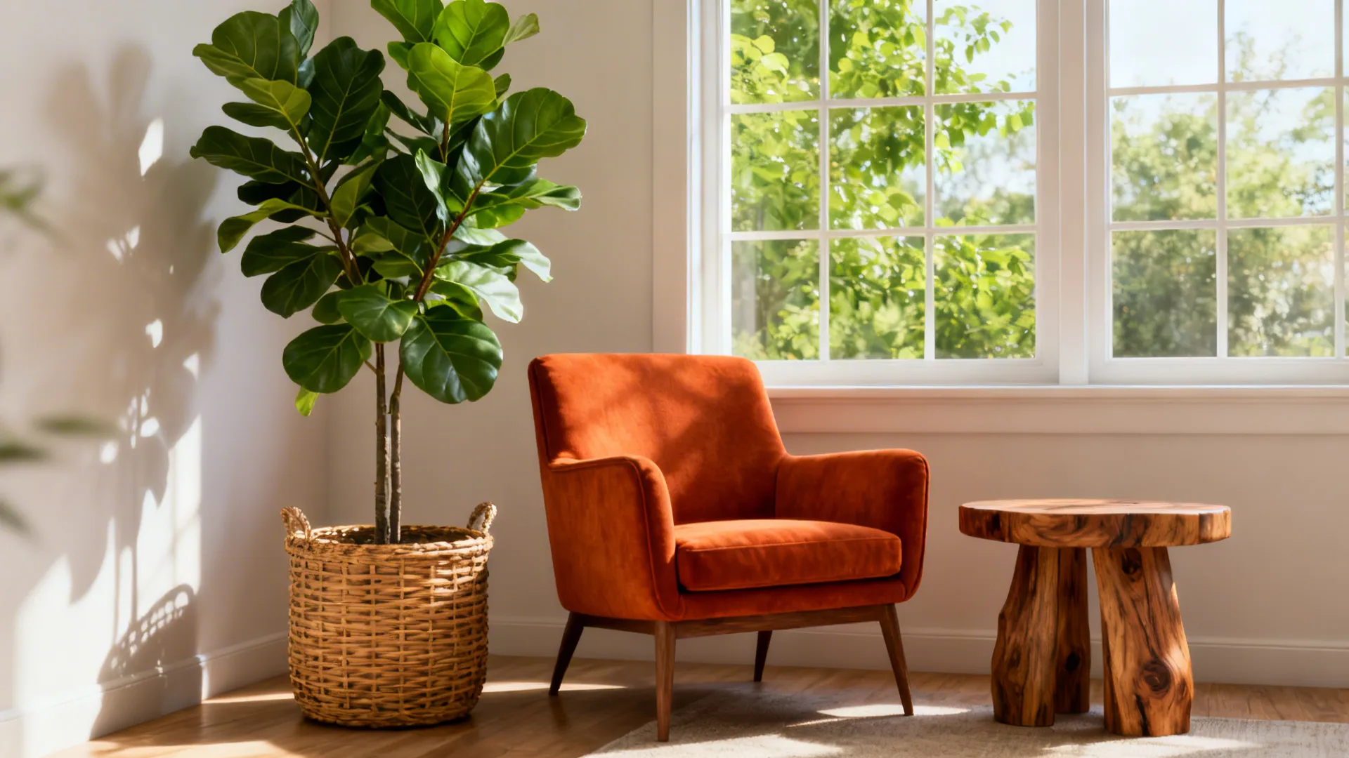 Fiddle leaf fig next to a burnt orange armchair with rattan planter and wood table