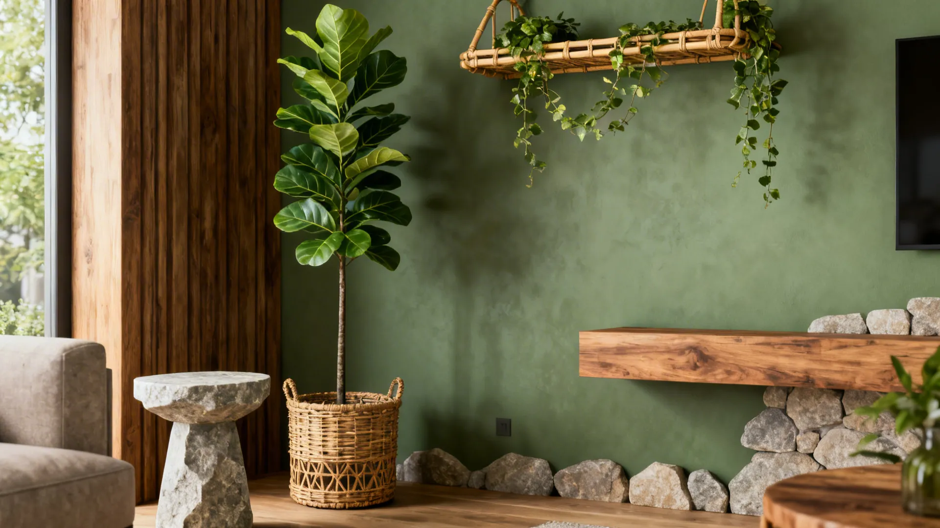 Living room corner with a tall fiddle-leaf fig in a rattan basket, stone side table, and wooden shelf with trailing plant.