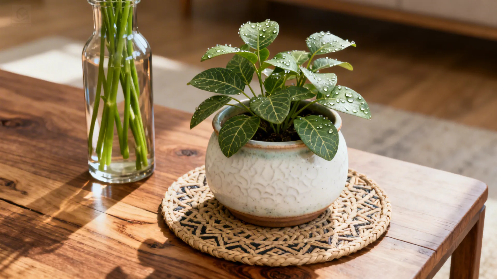Low planter and vase with fresh stems on a coffee table with woven coaster and wood grain
