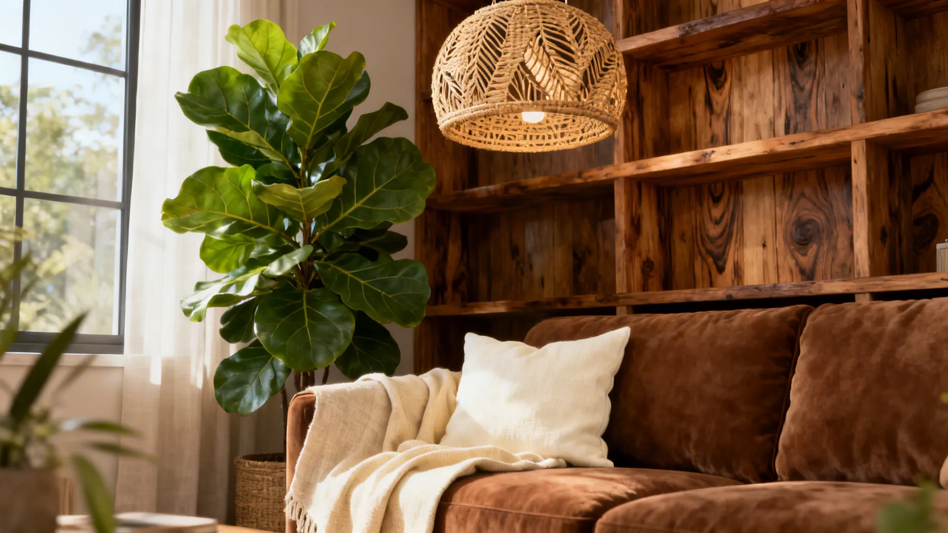 Brown living room enlivened by a fiddle leaf fig, rattan pendant and timber accents