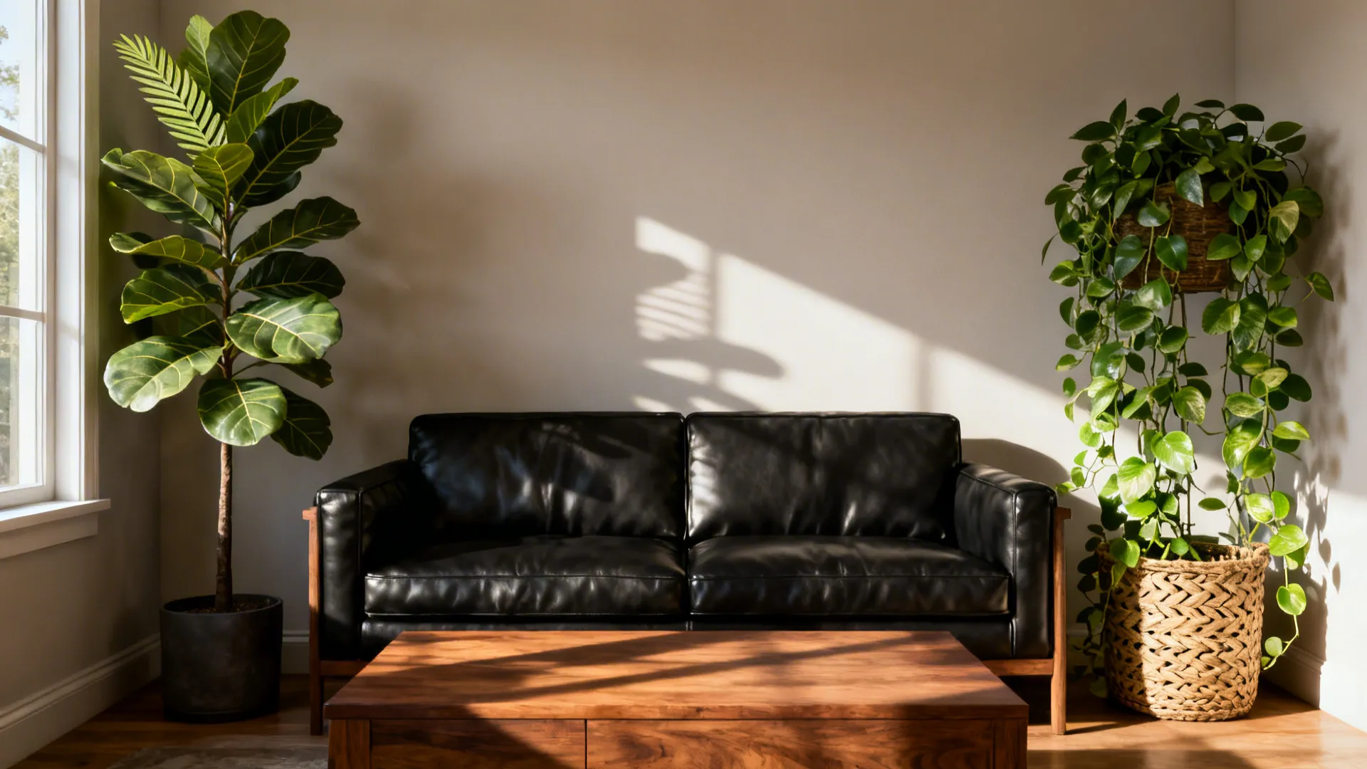 Black sofa with tall fiddle-leaf fig and trailing pothos in woven planters