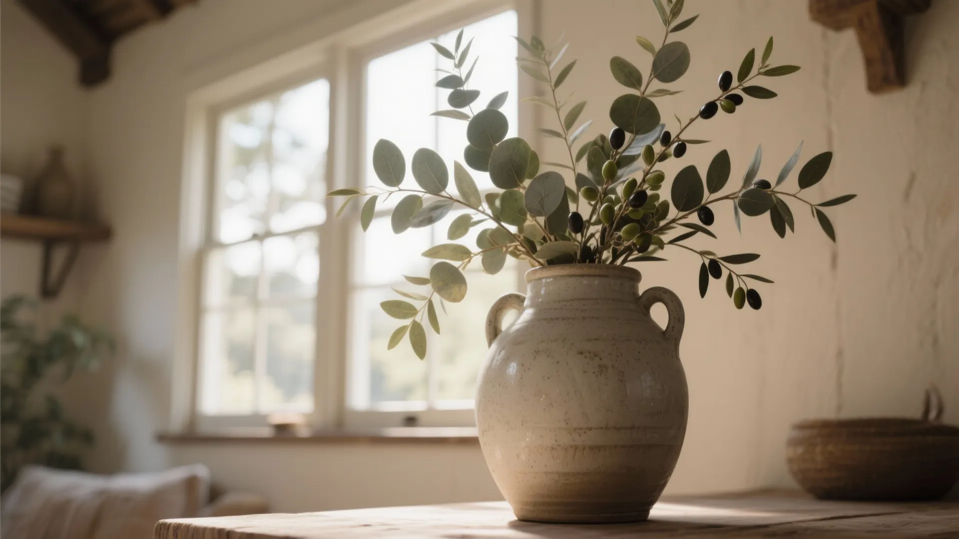 Eucalyptus and olive branches in ceramic vase