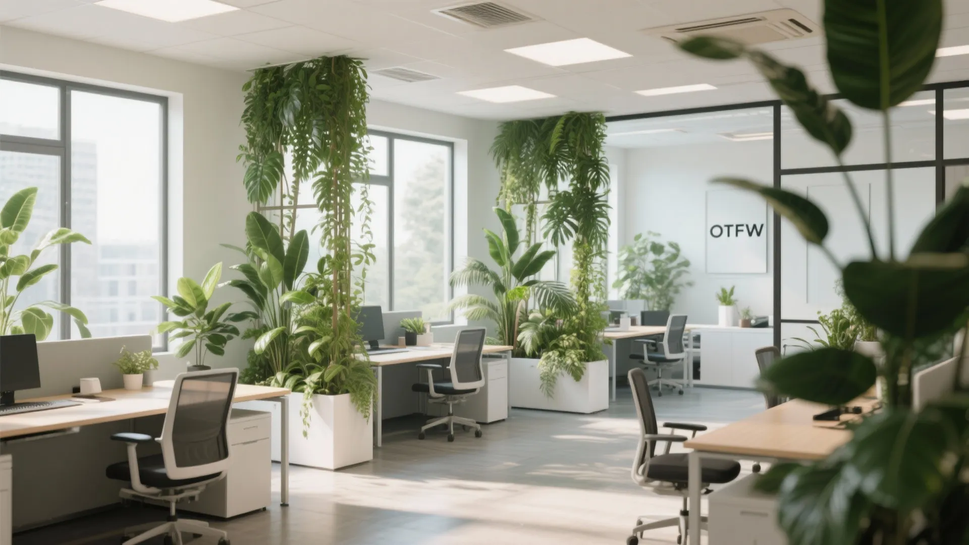 Bright office space featuring wooden desks with green plant partitions grey chairs and large outdoor windows