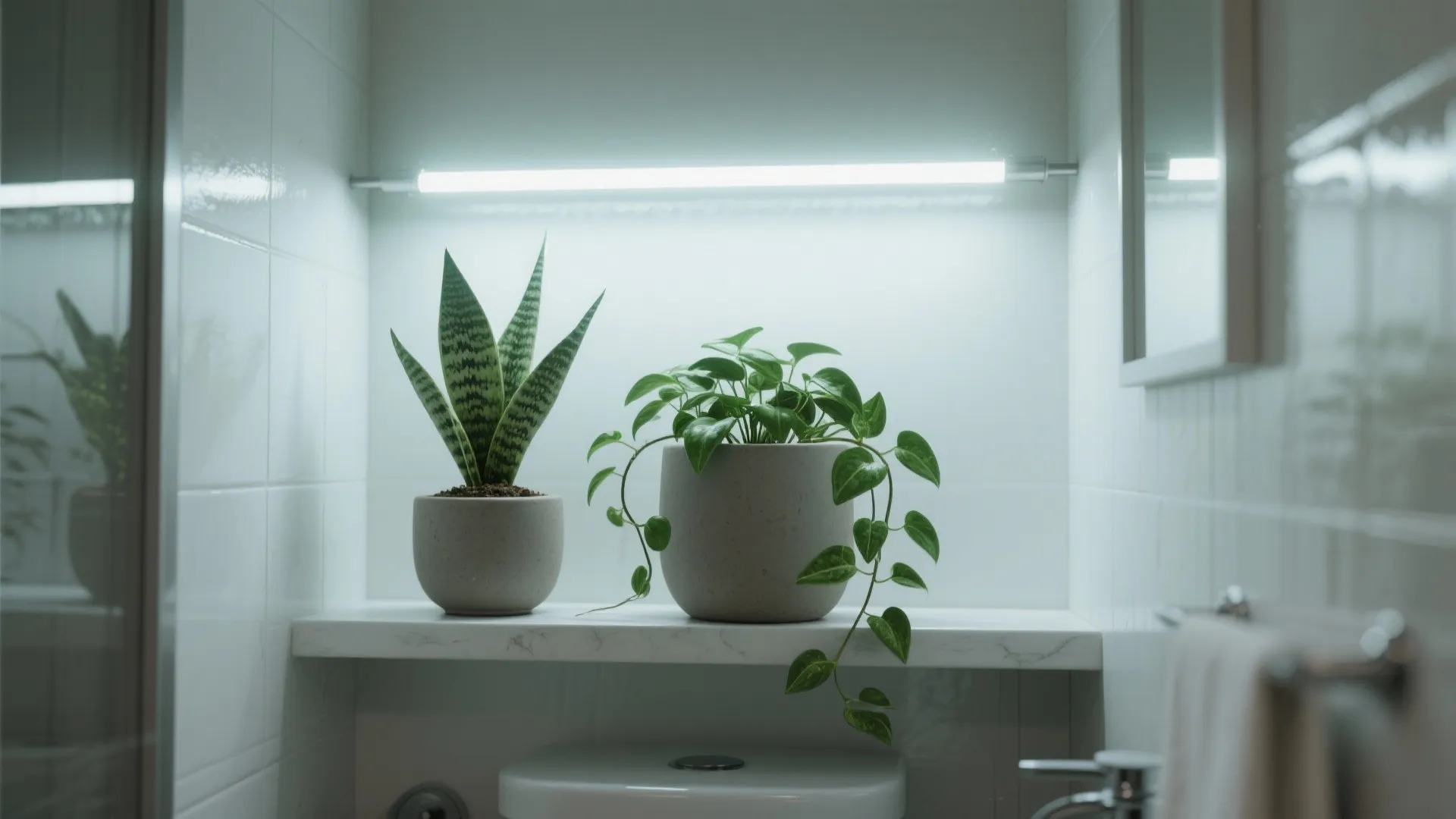 Two green potted plants sitting on a white bathroom shelf with a bright light fixture