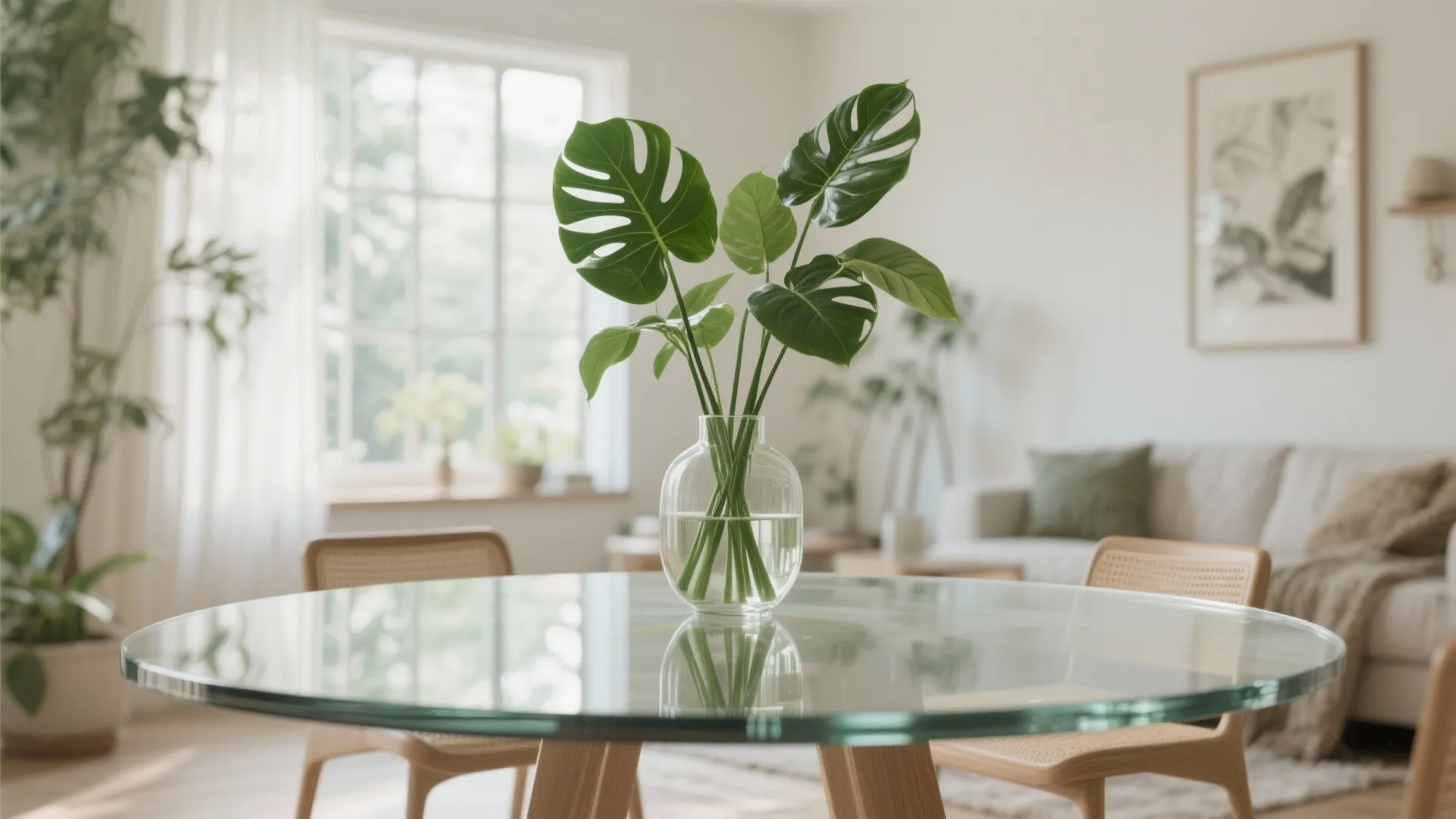 Green leaves in a glass vase on a round table with a blurred living room