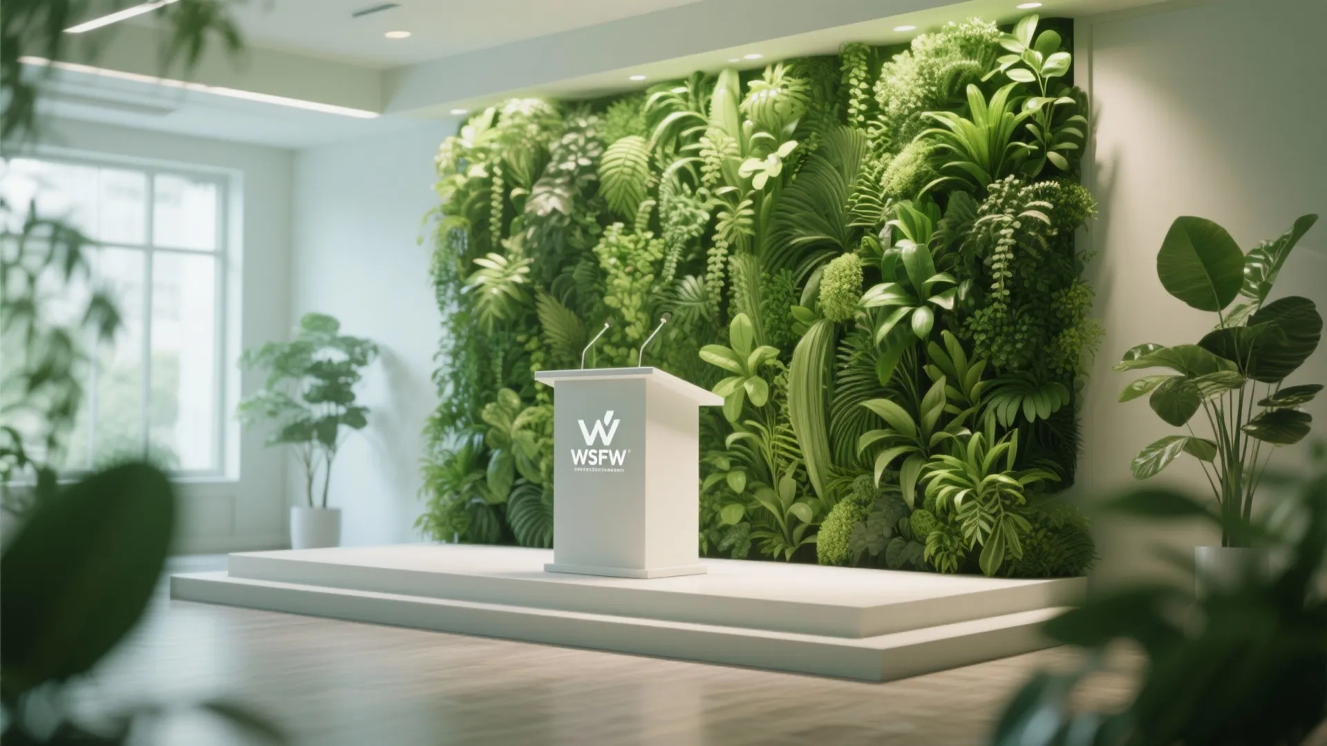 White podium standing on small stage with large green plant wall and bright natural light