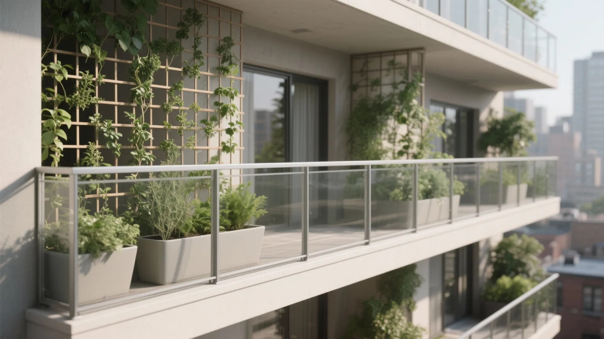 Modern apartment balcony with glass railings, green potted plants, and climbing greenery on wooden frames