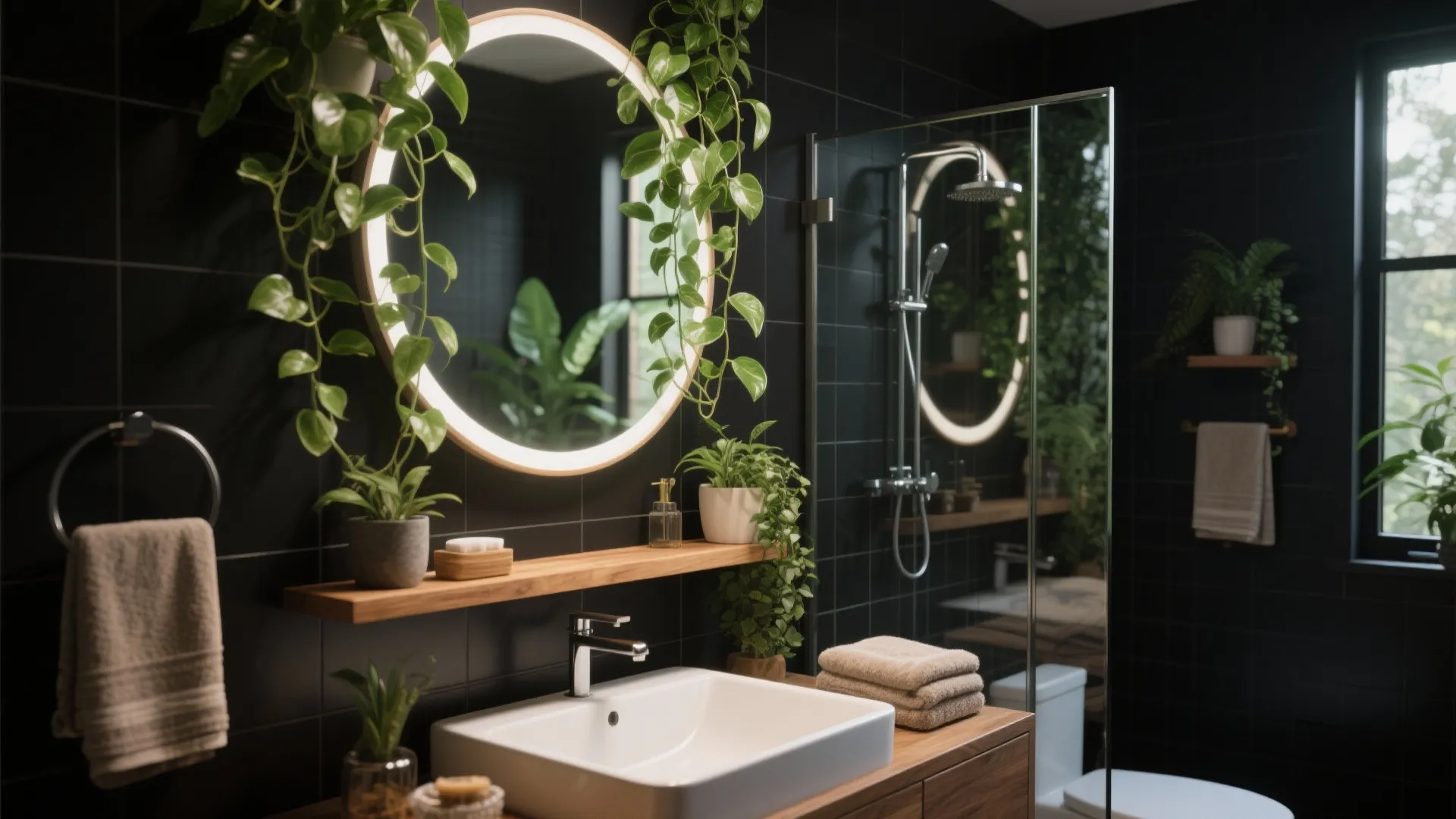 Bathroom vanity with white sink wood cabinet round glowing mirror and many green hanging plants