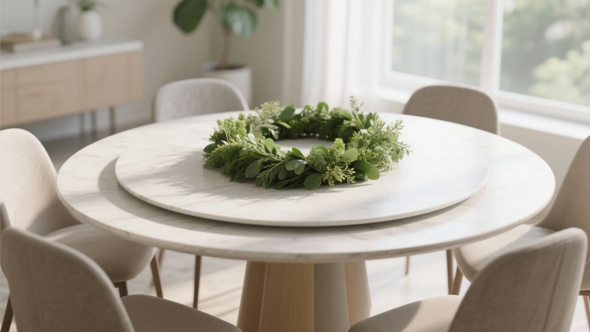 Greenery ring encircling centerpiece on dining table