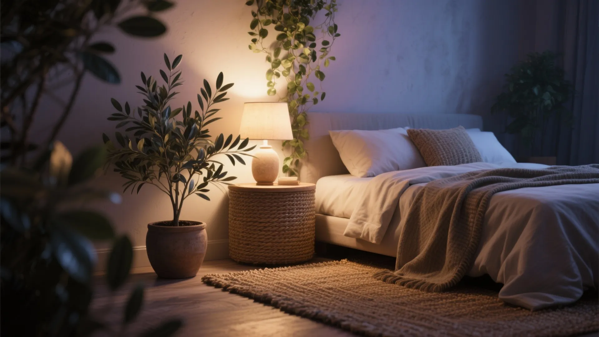 5. Greenery, Natural Fiber Rugs, and Ambient Lighting