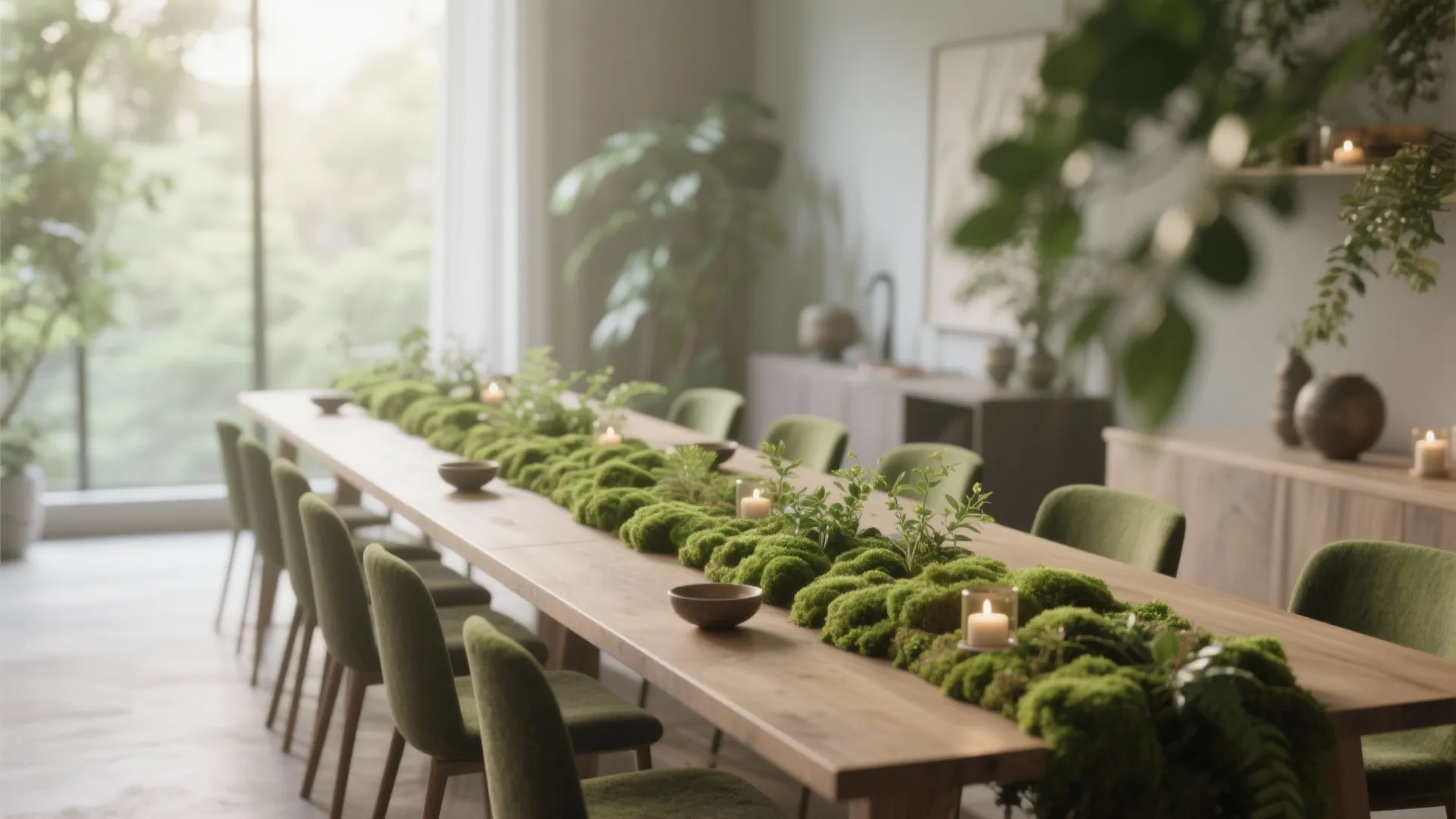 Long wooden dining table featuring a green moss runner and small candles in a room