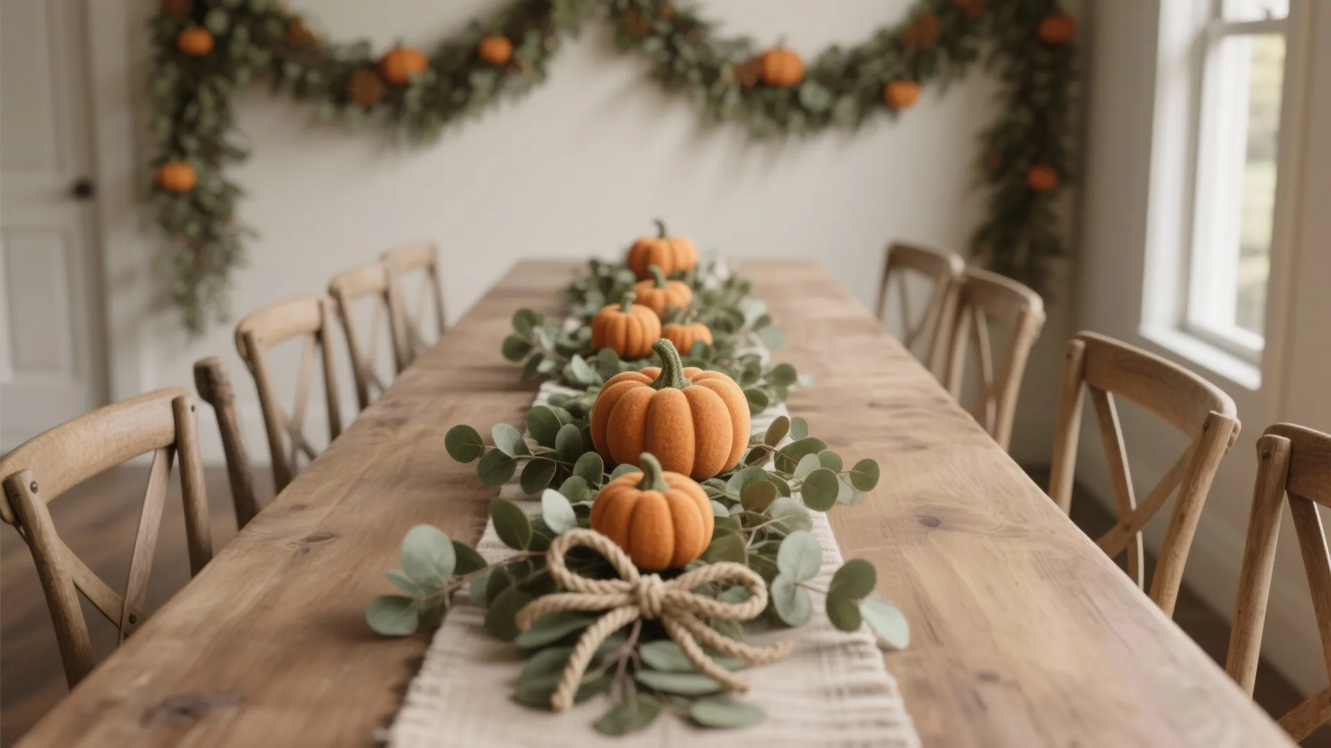 Narrow table with a faux eucalyptus runner, mini foam pumpkins and twine bows creating a seasonal centerpiece.