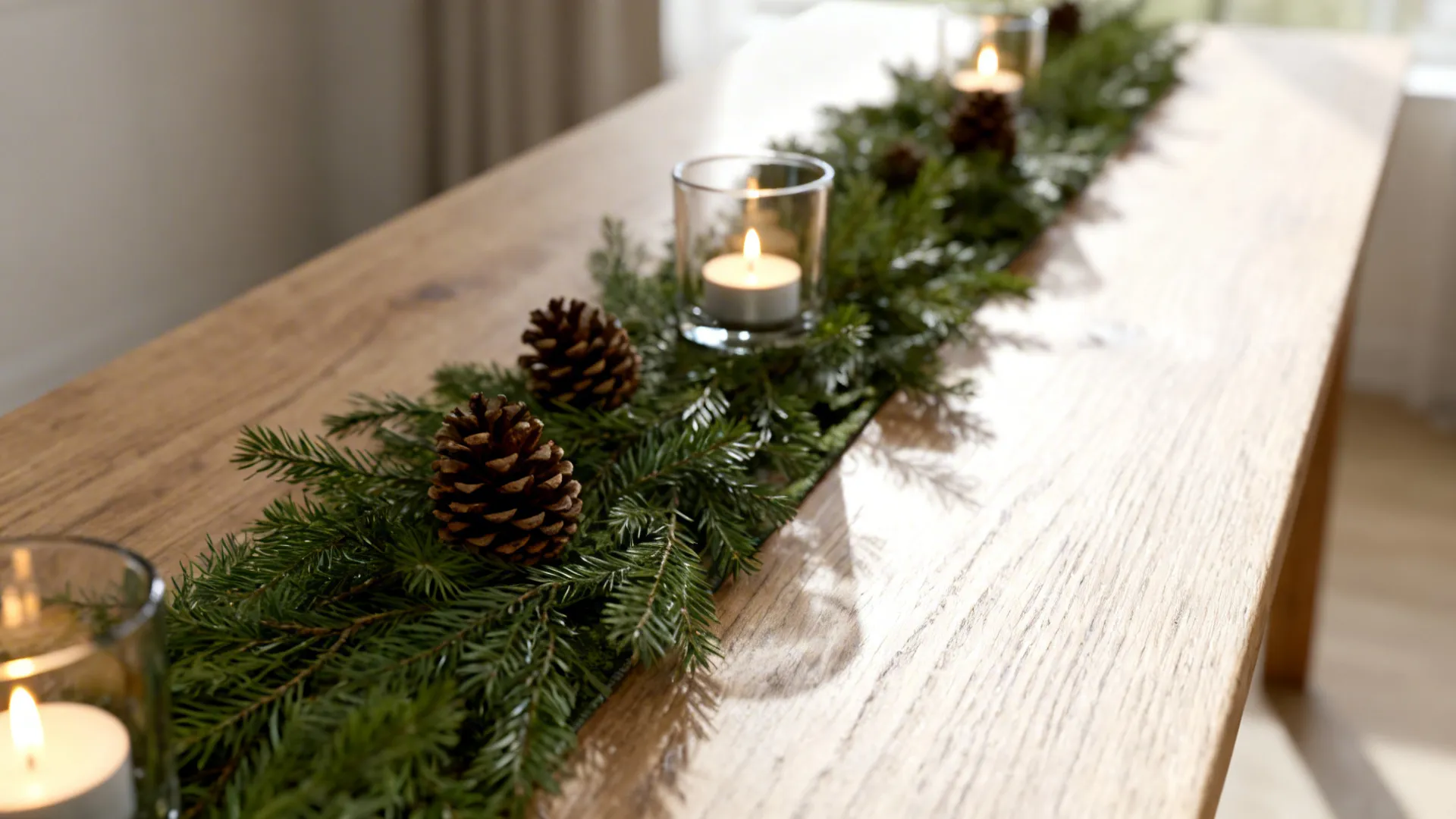 Wooden dining table decorated with green pine branches small candles and brown pine cones for holidays