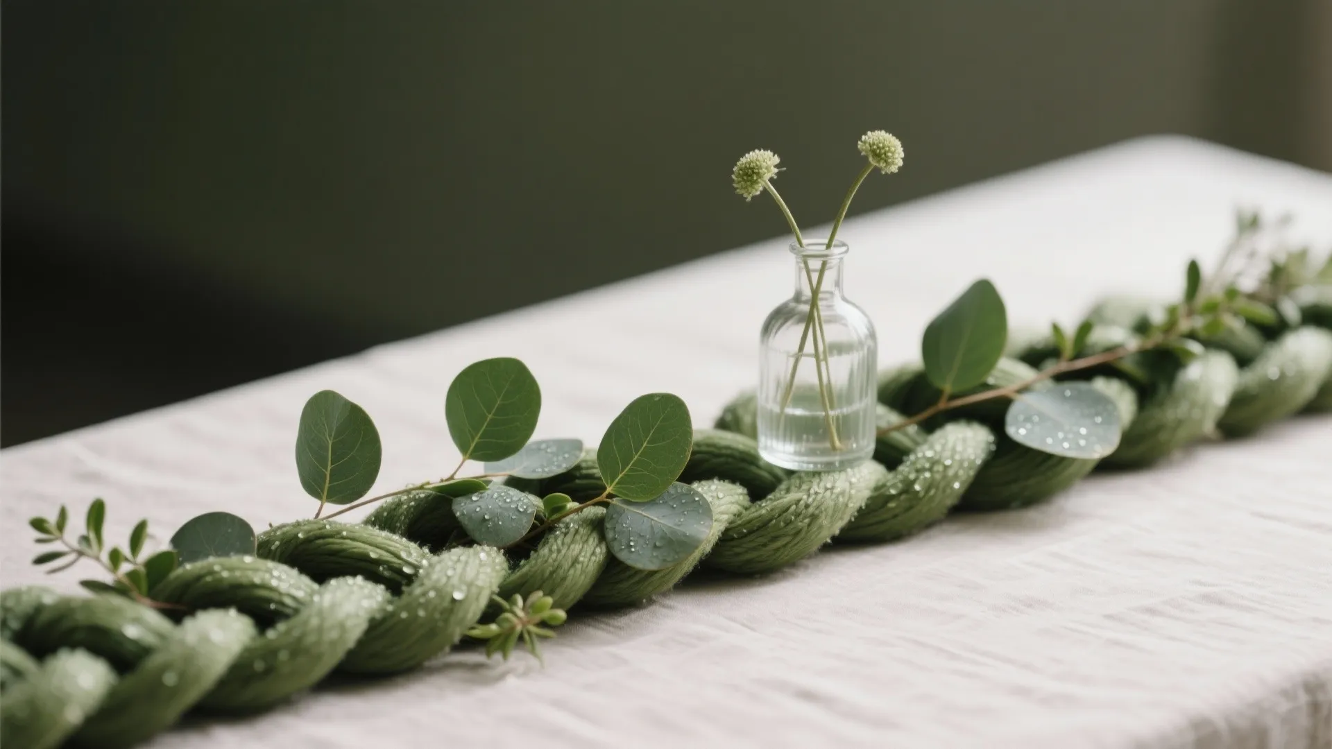 Green braided table runner with fresh eucalyptus leaves and small glass vase on white fabric