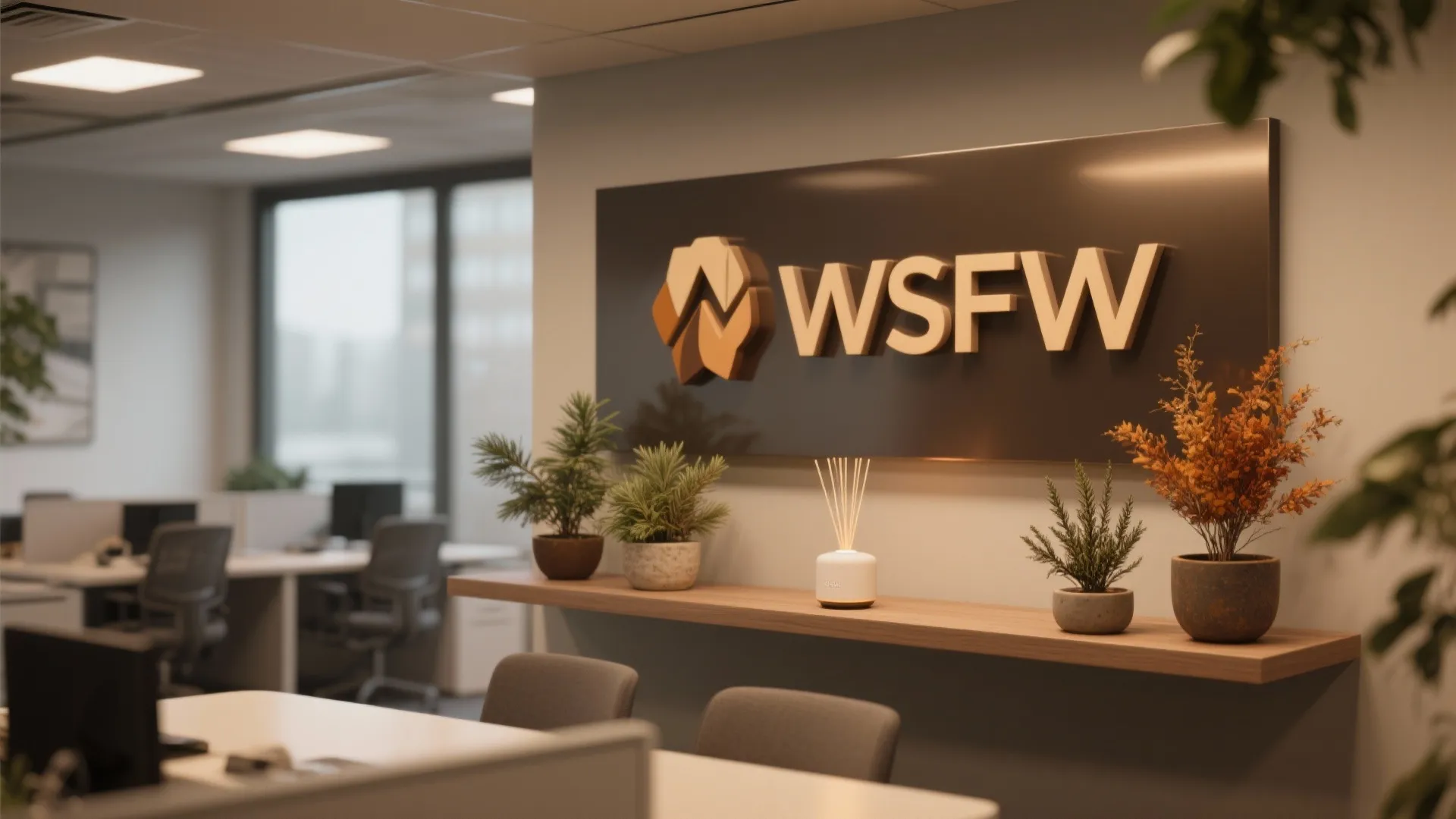 Modern office reception with logo wall wooden shelf potted plants and small white scent diffuser
