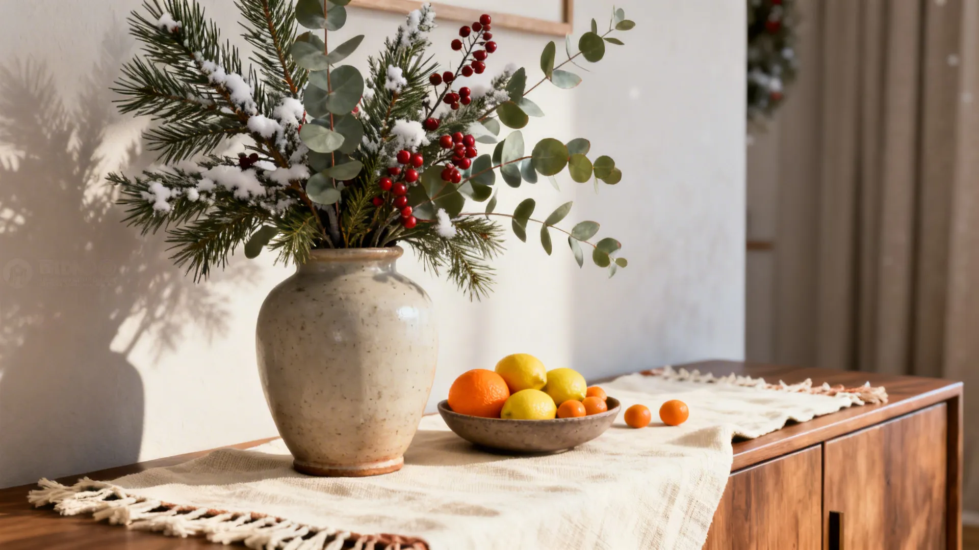 Buffet styled with greenery and seasonal accents like citrus and a textile runner