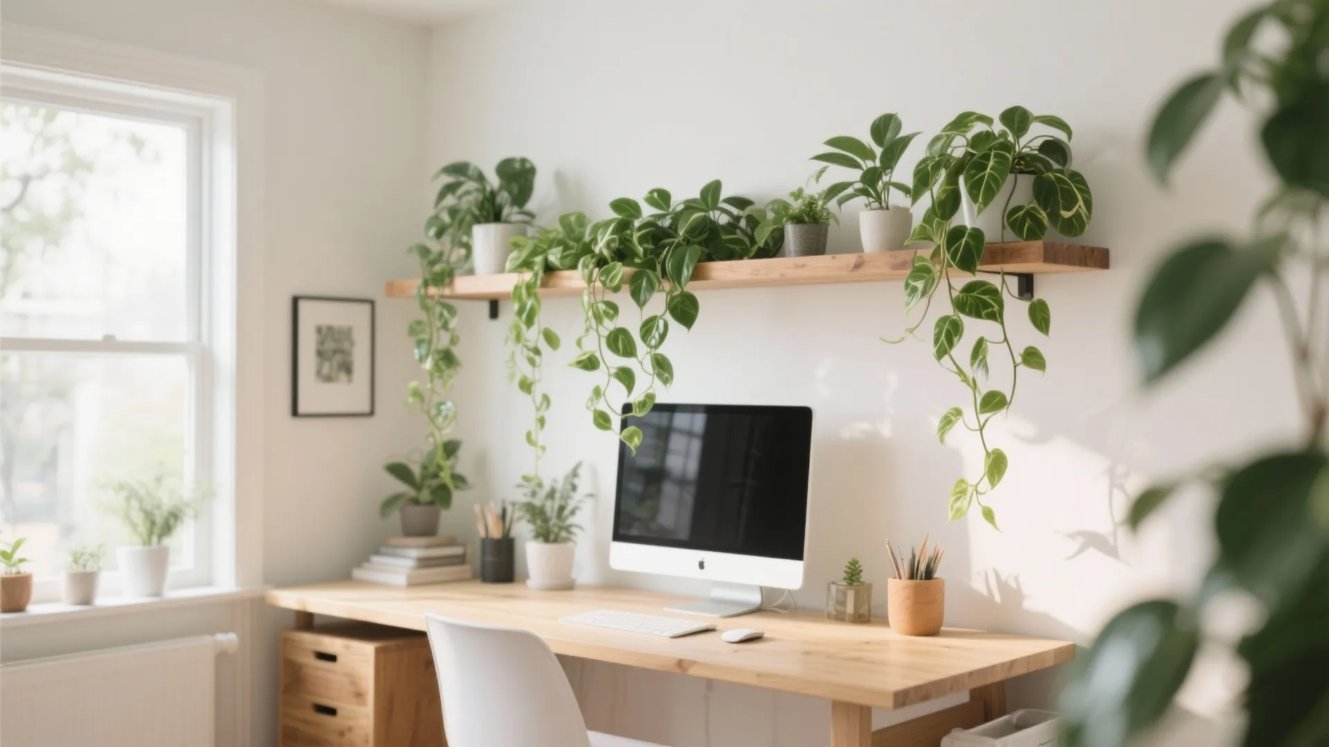 Bright workspace featuring a computer on a wooden desk with many green plants on shelves