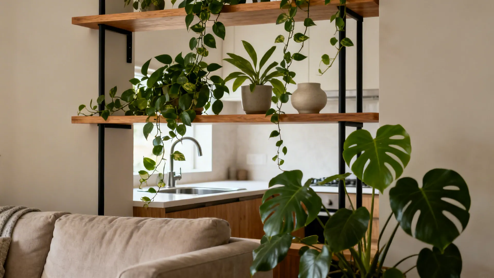 Staggered open shelves with trailing plants soften views between the living room and kitchen.