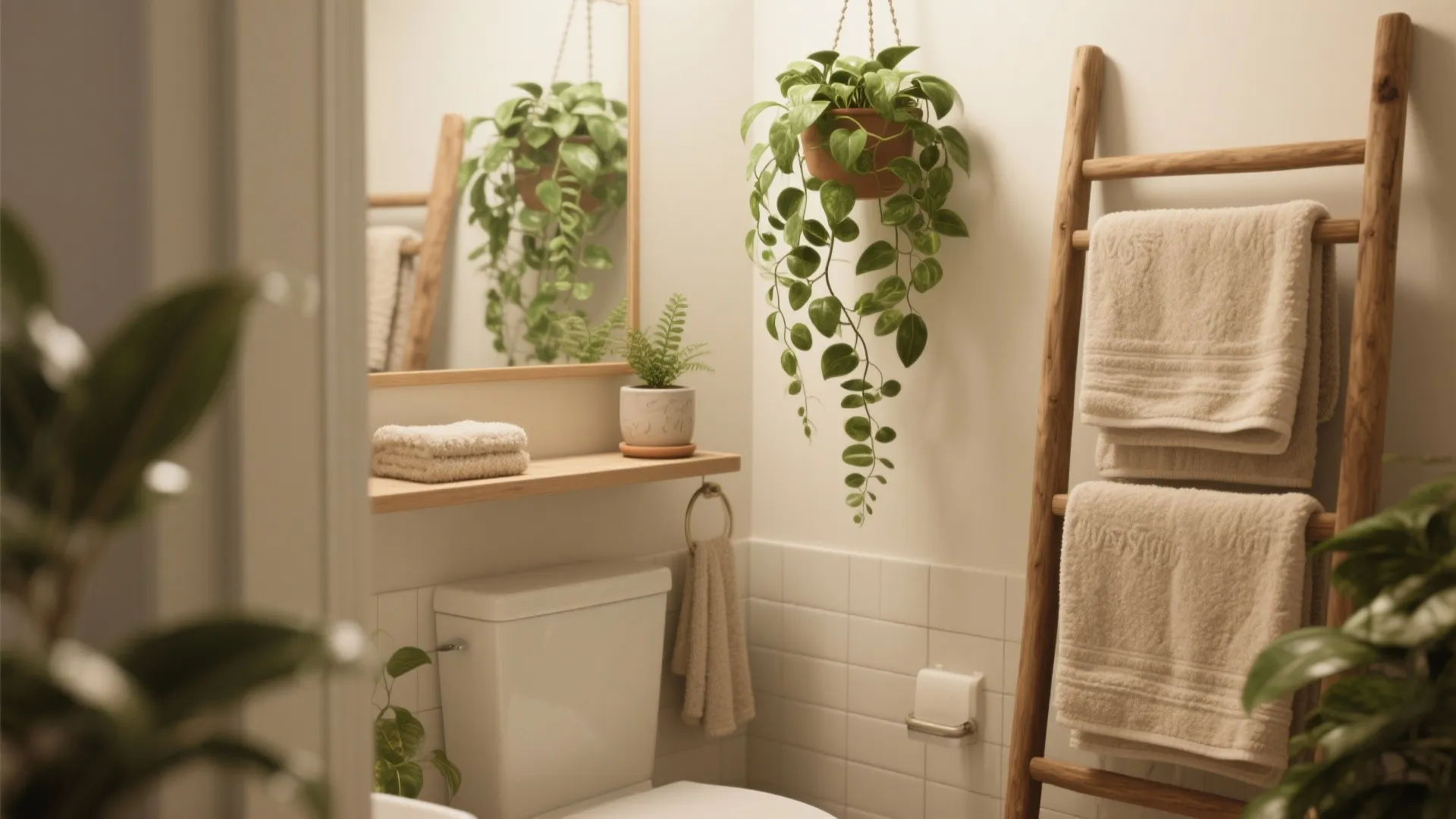 Small bathroom with hanging fern, potted plant, and plush bath mat for warmth