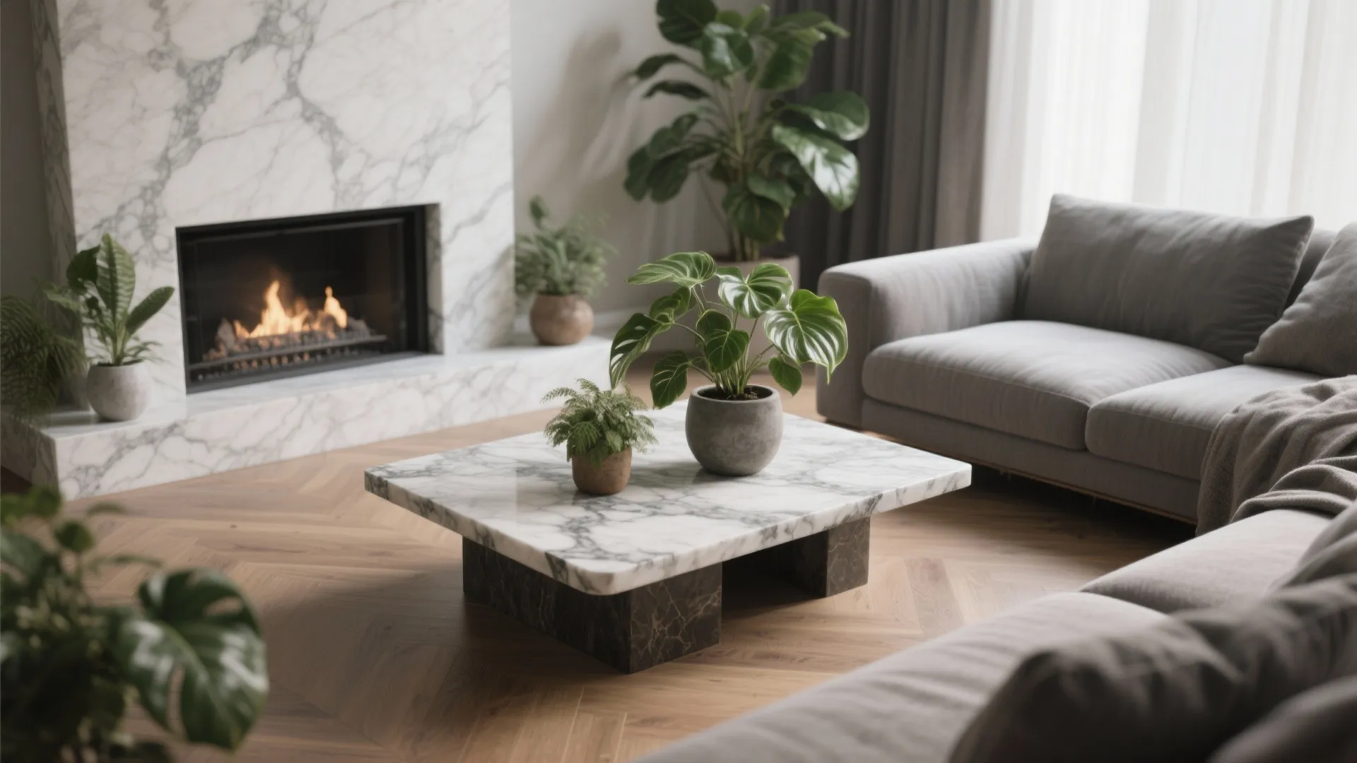 Modern living room featuring a marble fireplace marble coffee table green potted plants and grey sofa