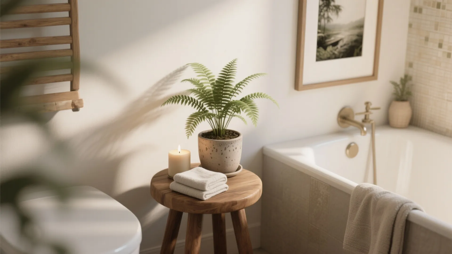 Bathroom corner featuring wooden stool with green potted plant white towels and candle beside bathtub
