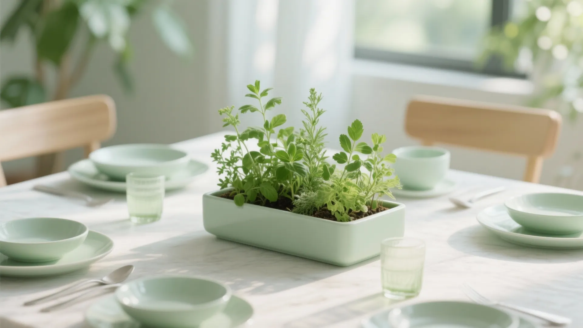 Green plants in a pot on a dining table with green plates bowls and glassware